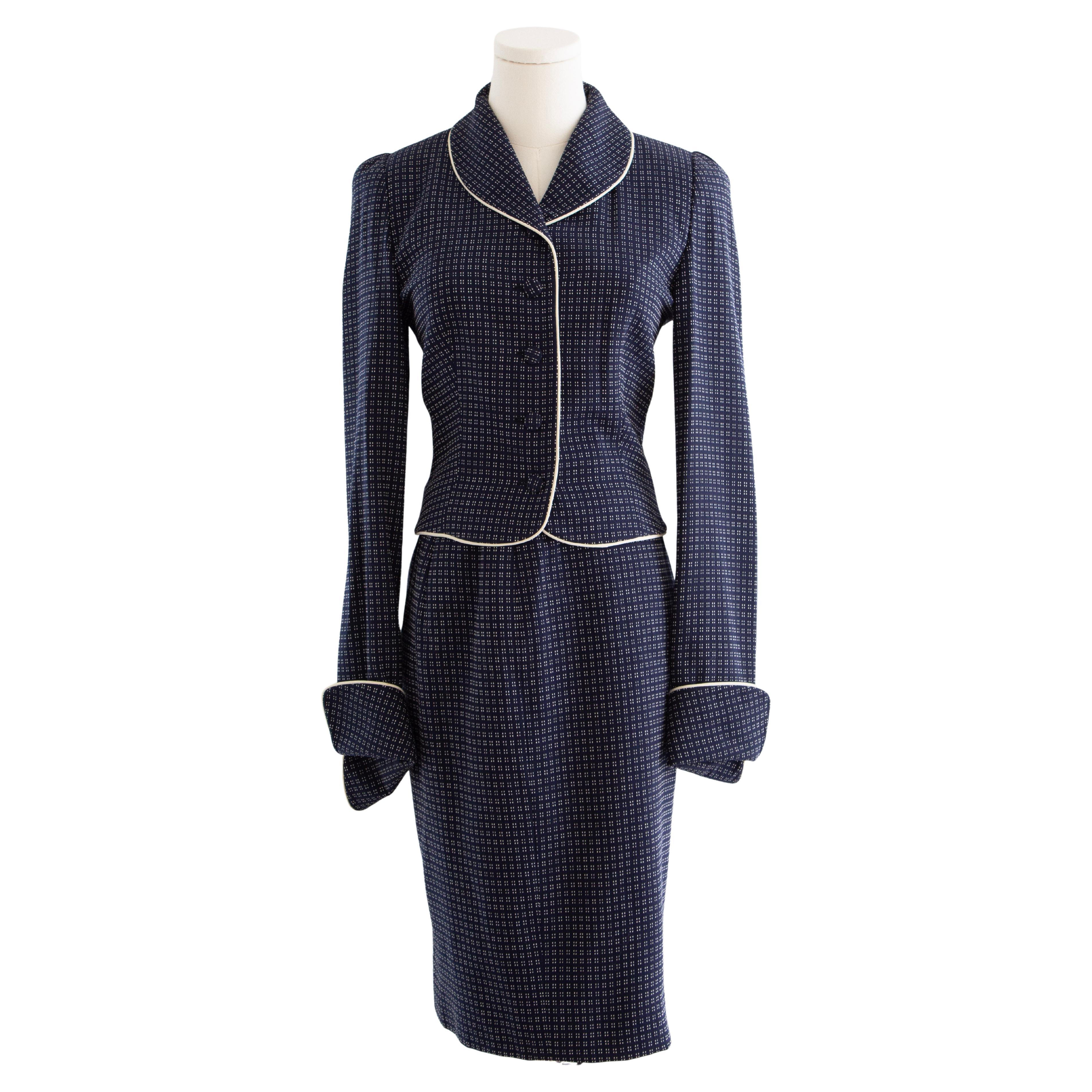 Givenchy Couture by John Galliano S/S 1997 Navy White Dotted Jacket 
Skirt Suit For Sale