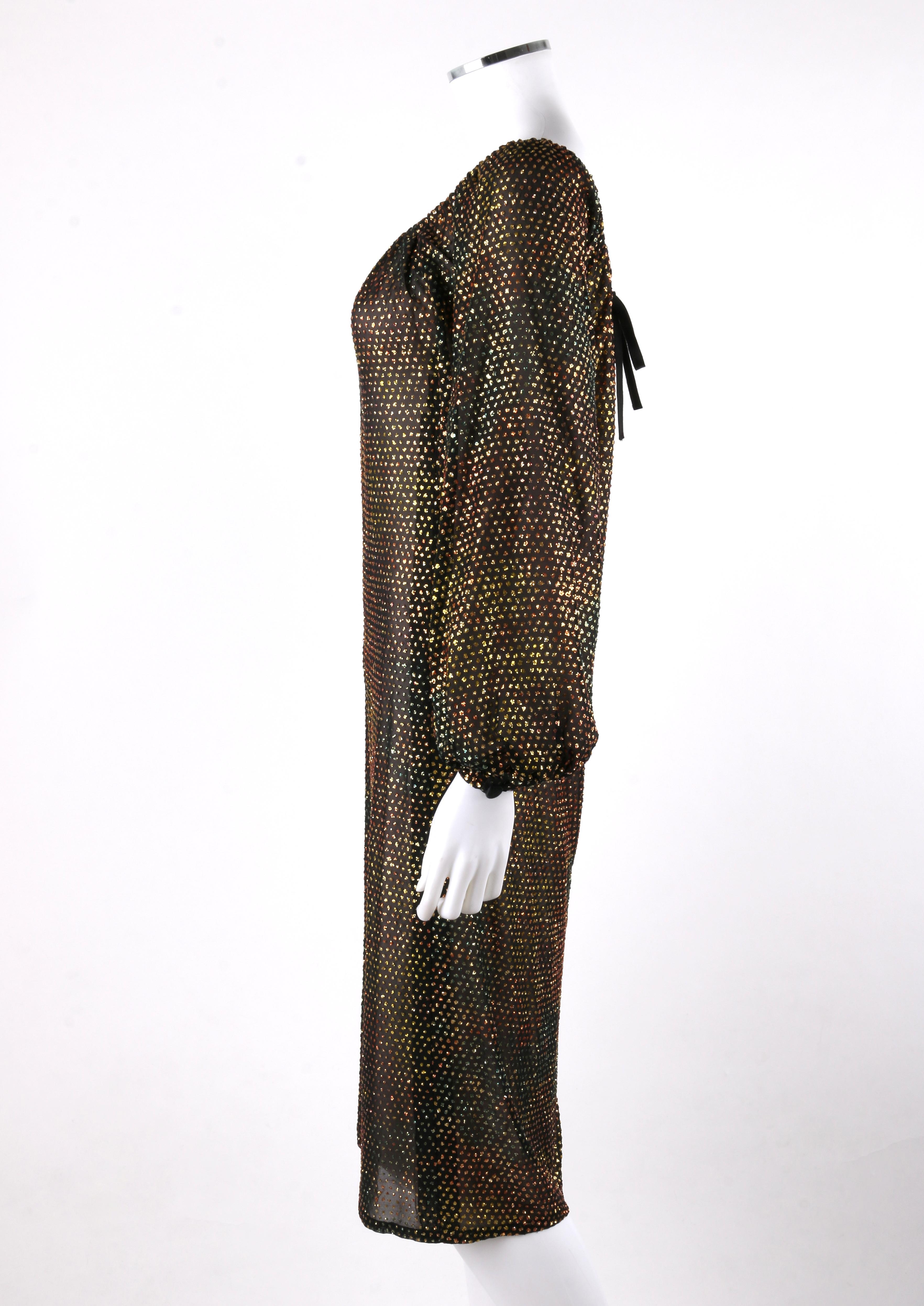 GIVENCHY HAUTE COUTURE c.1970s Black Gold-Rainbow Bishop Sleeve Shift Dress For Sale 1