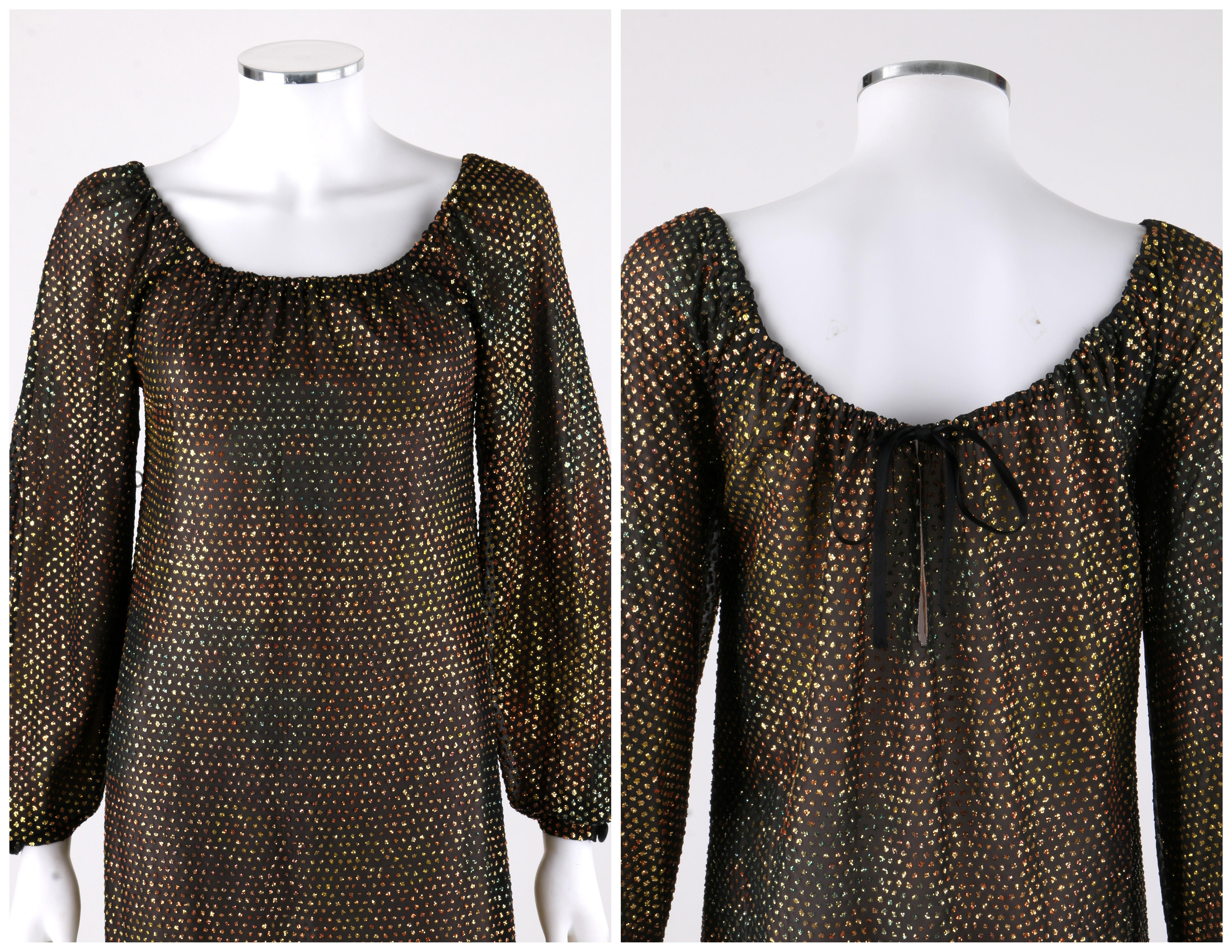 GIVENCHY HAUTE COUTURE c.1970s Black Gold-Rainbow Bishop Sleeve Shift Dress For Sale 2