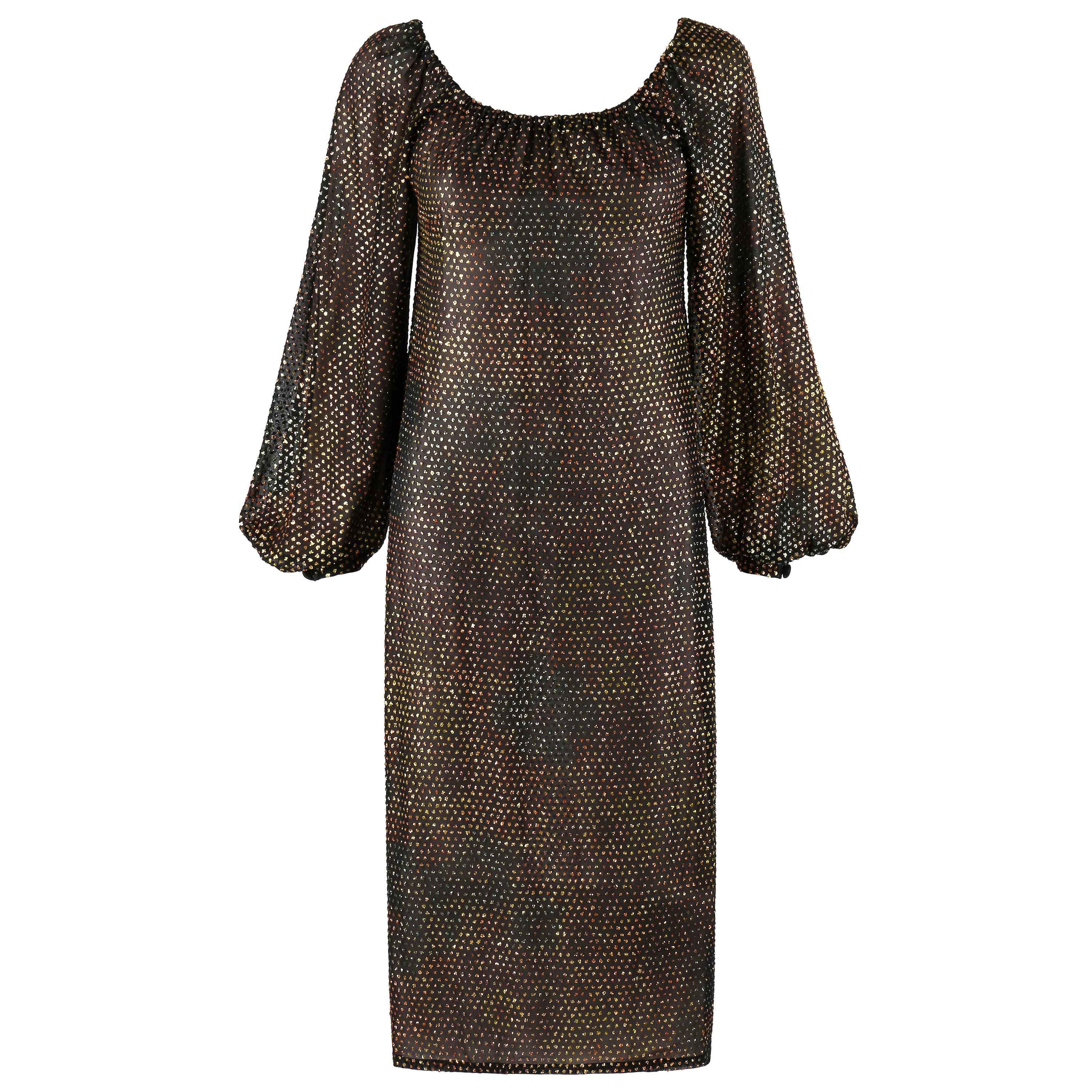 GIVENCHY HAUTE COUTURE c.1970s Black Gold-Rainbow Bishop Sleeve Shift Dress For Sale