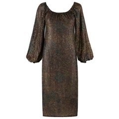 Retro GIVENCHY HAUTE COUTURE c.1970s Black Gold-Rainbow Bishop Sleeve Shift Dress