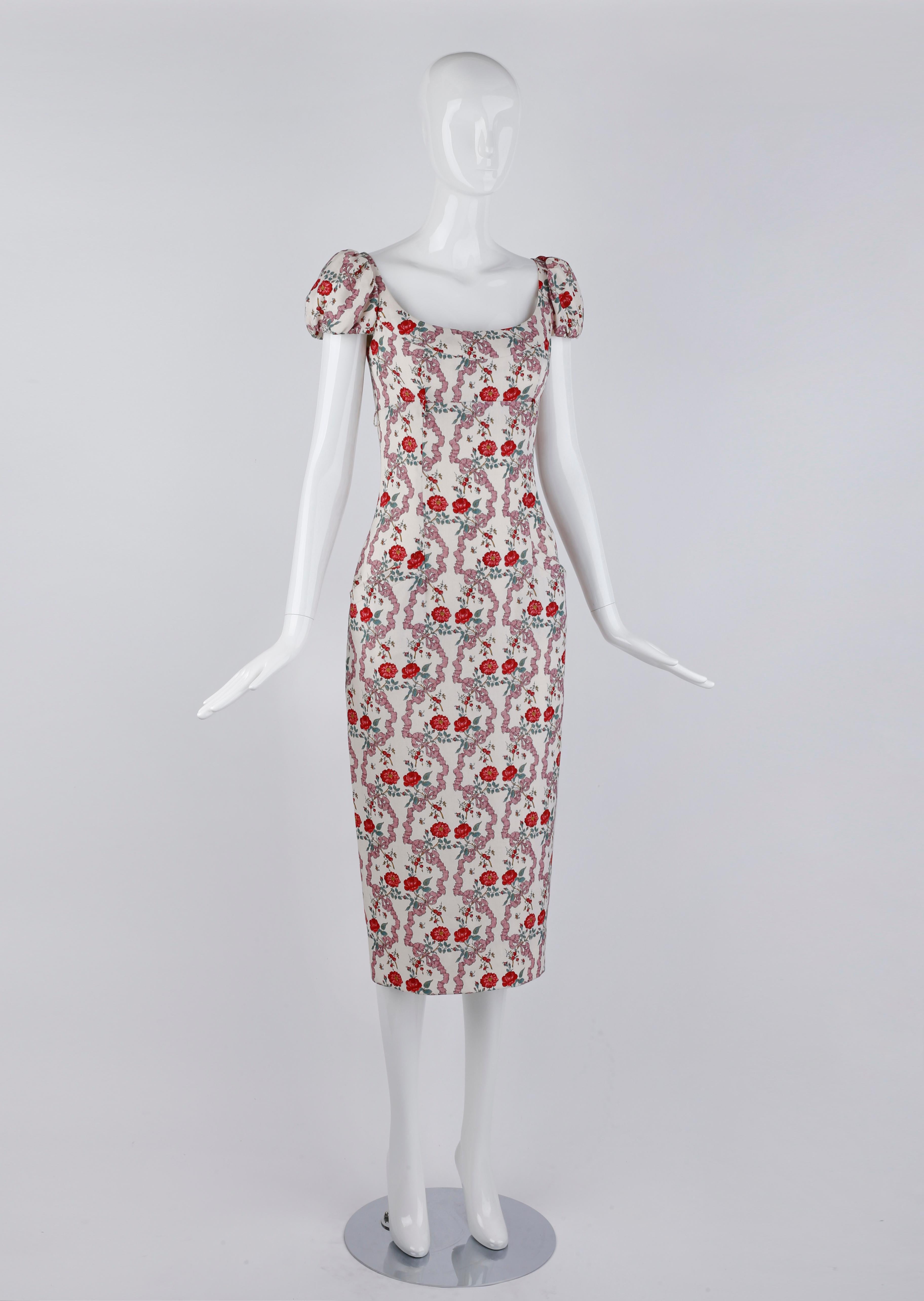 Gray Givenchy Couture John Galliano S/S 1997 Bouquet Floral Ribbon Print Midi Dress For Sale