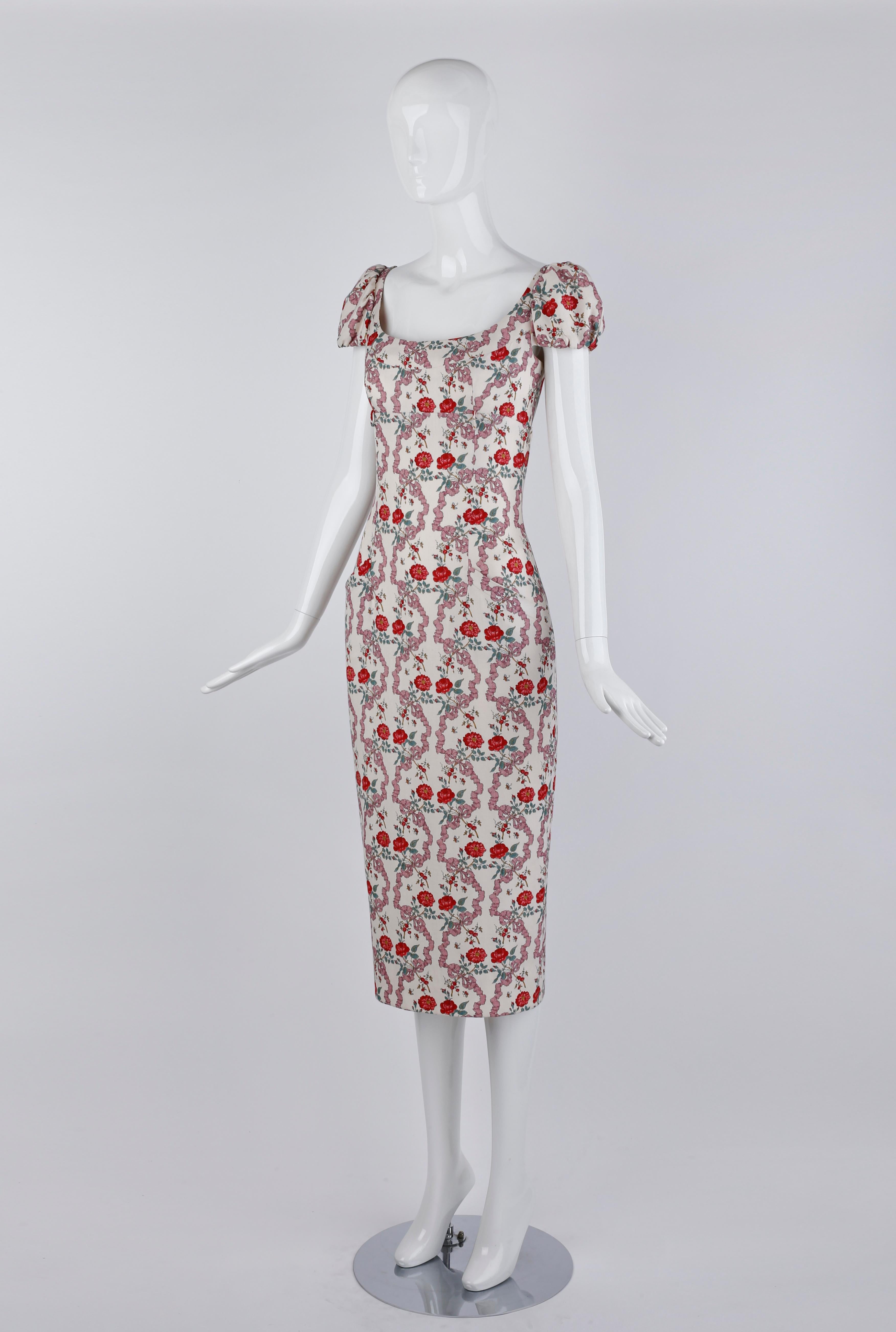 Givenchy Couture John Galliano S/S 1997 Bouquet Floral Ribbon Print Midi Dress In Good Condition For Sale In Chicago, IL