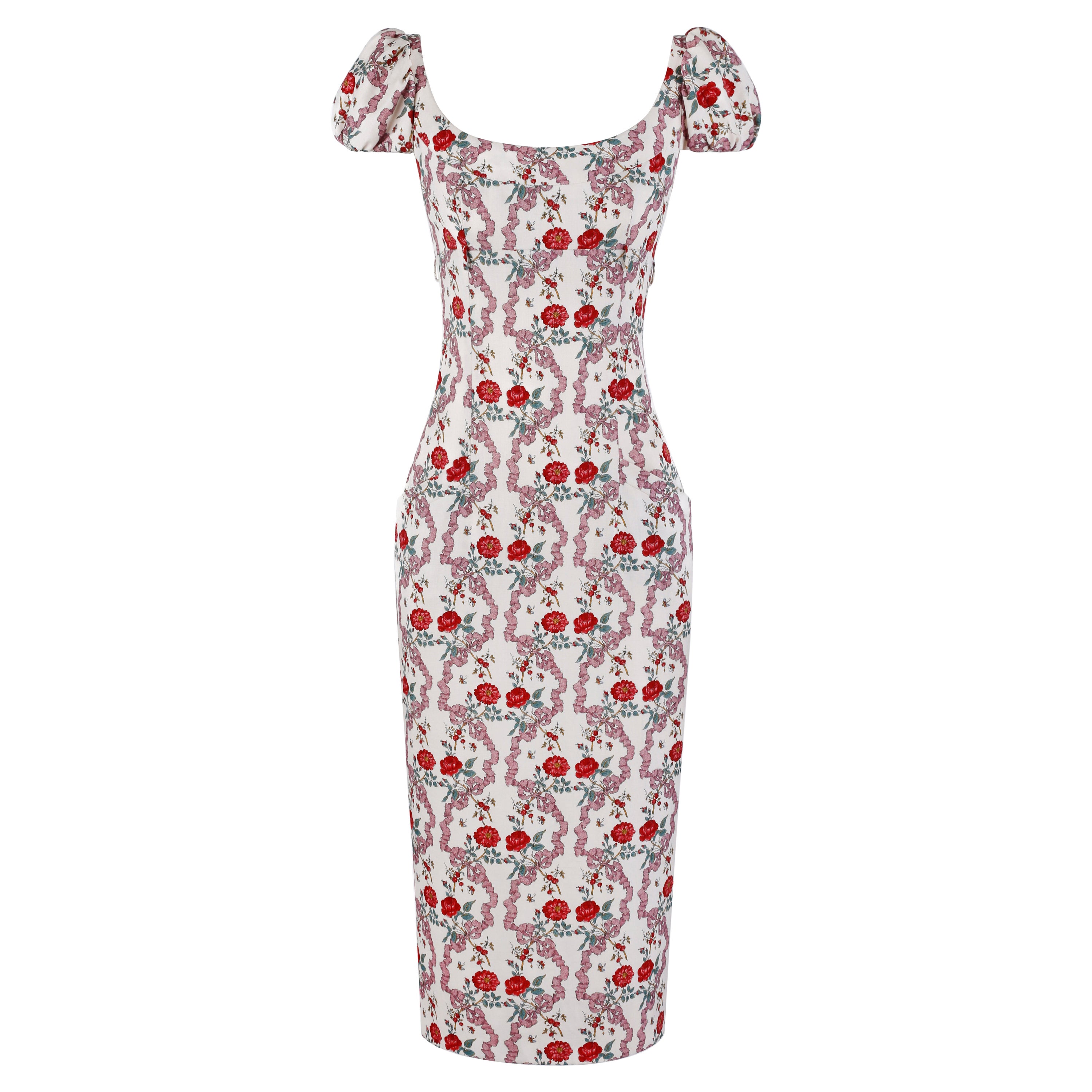 Givenchy Couture John Galliano F/S 1997 Midikleid mit Blumenbanddruck und Blumenstrauß im Angebot