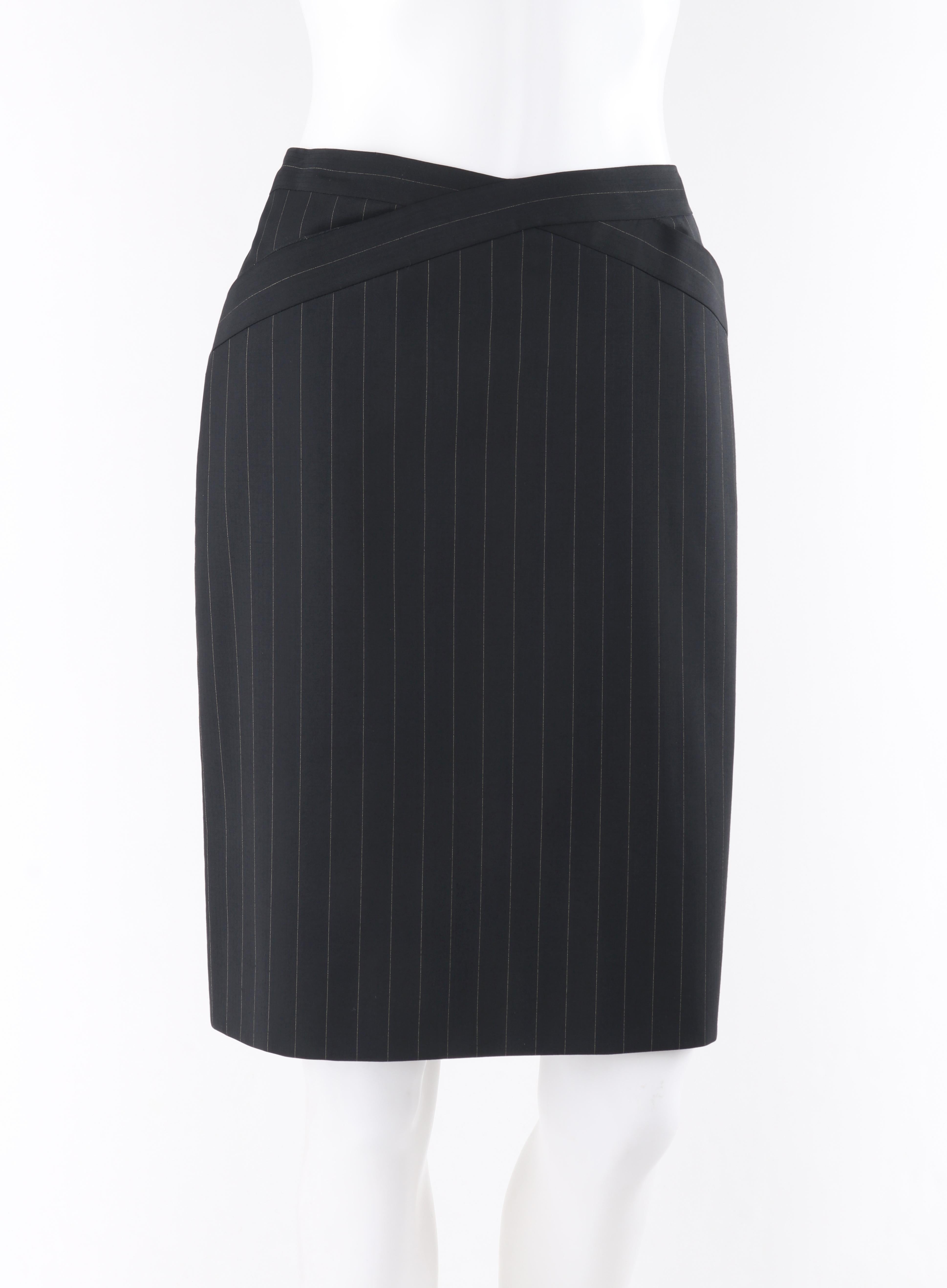 GIVENCHY Couture S/S 1999 ALEXANDER McQUEEN Black Pinstripe Fitted Pencil Skirt

Brand / Manufacturer: Givenchy 
Collection: S/S 1999
Designer: Alexander McQueen
Style: Pencil skirt
Color(s): Black and gold
Lined: Yes
Marked Fabric Content: “99%