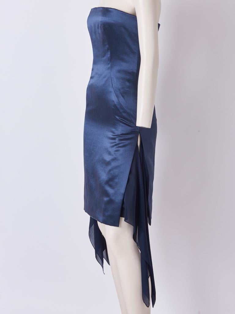 Givenchy Couture, slate blue, silk, strapless, fitted, cocktail dress, having a built in bra, and side slits exposing chiffon, bias cut 
