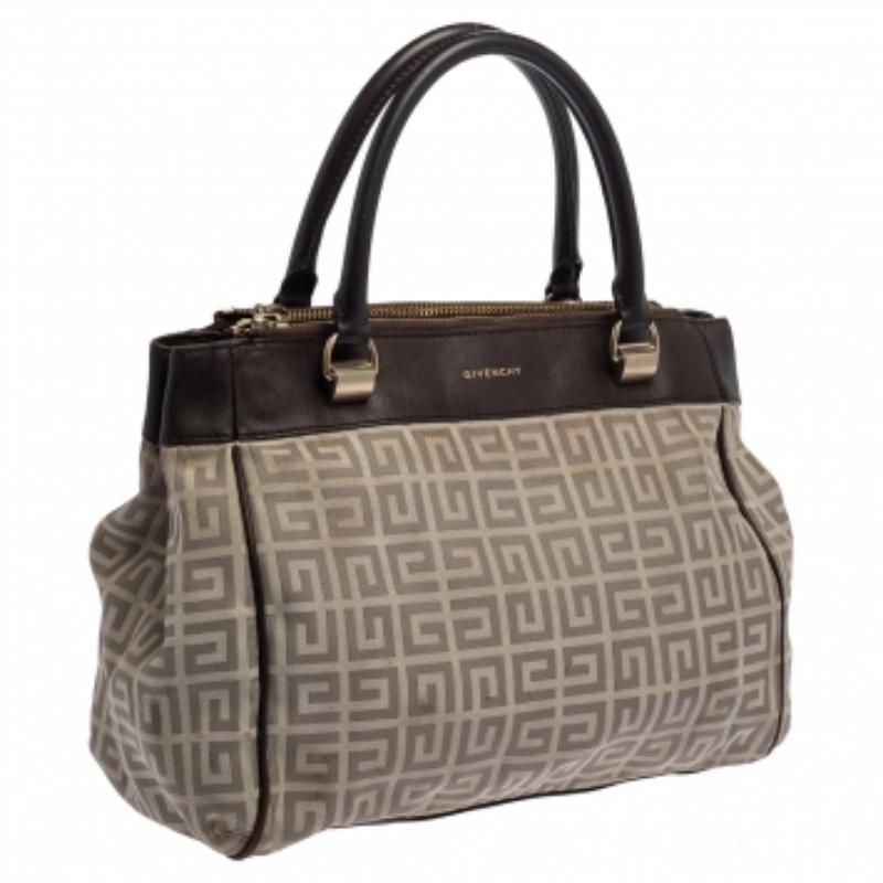 Givenchy Dark Brown/White Monogram Canvas and Leather Double Zip Tote For Sale 4