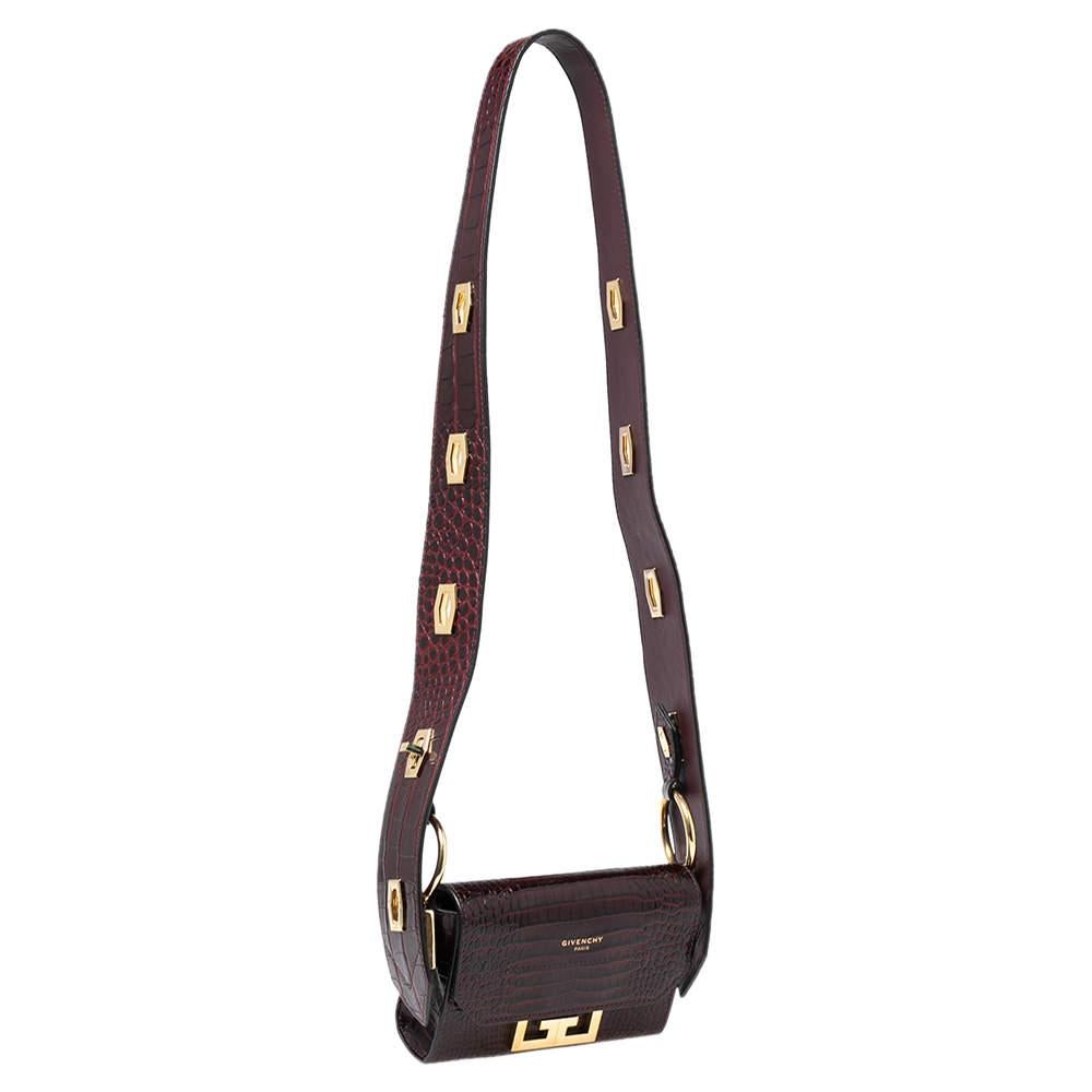 Black Givenchy Dark Burgundy Croc Embossed Leather Nano Eden Shoulder Bag
