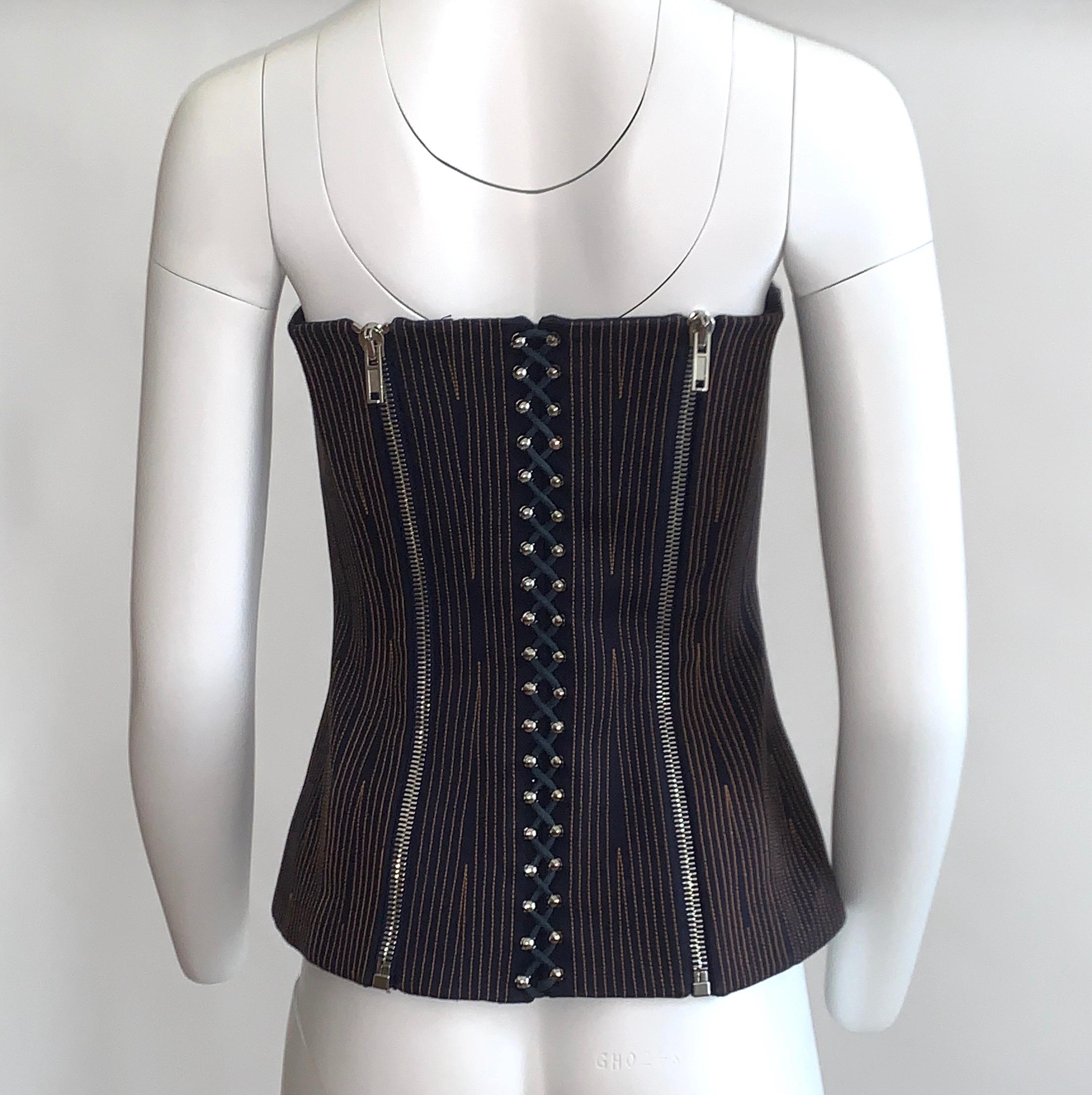 Nero Givenchy Bustier in denim scuro senza spalline, con dettaglio Stitch by Stitch e zip