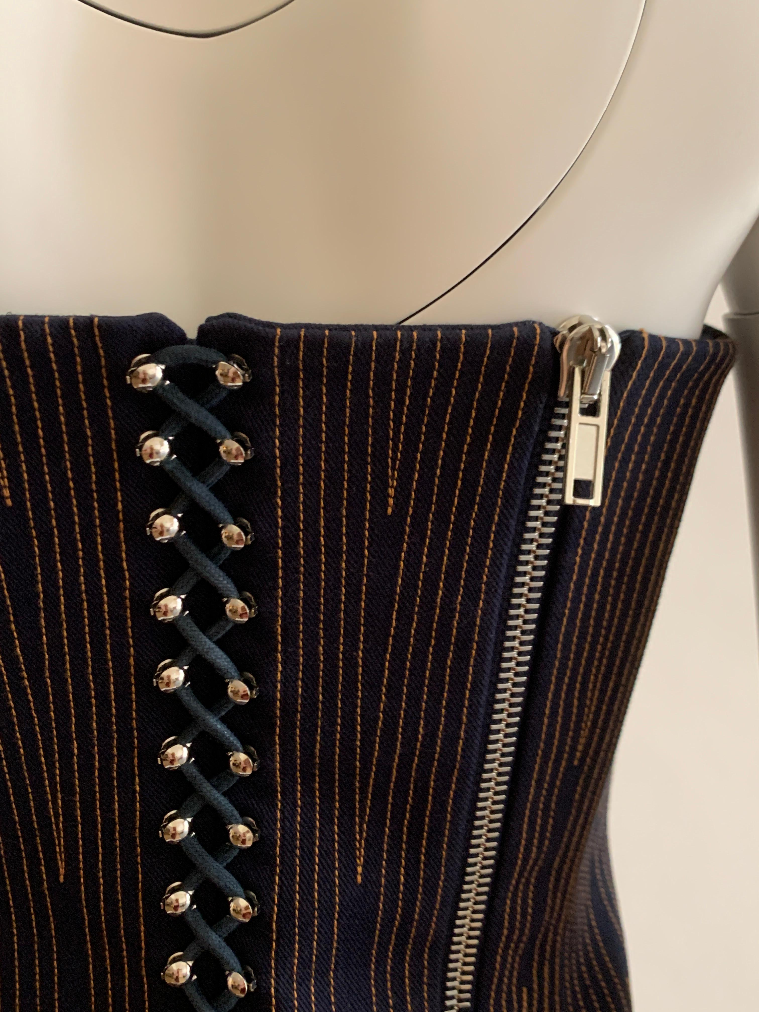 Black Givenchy Dark Denim Bustier Corset Strapless Top Stitch and Zipper Detail