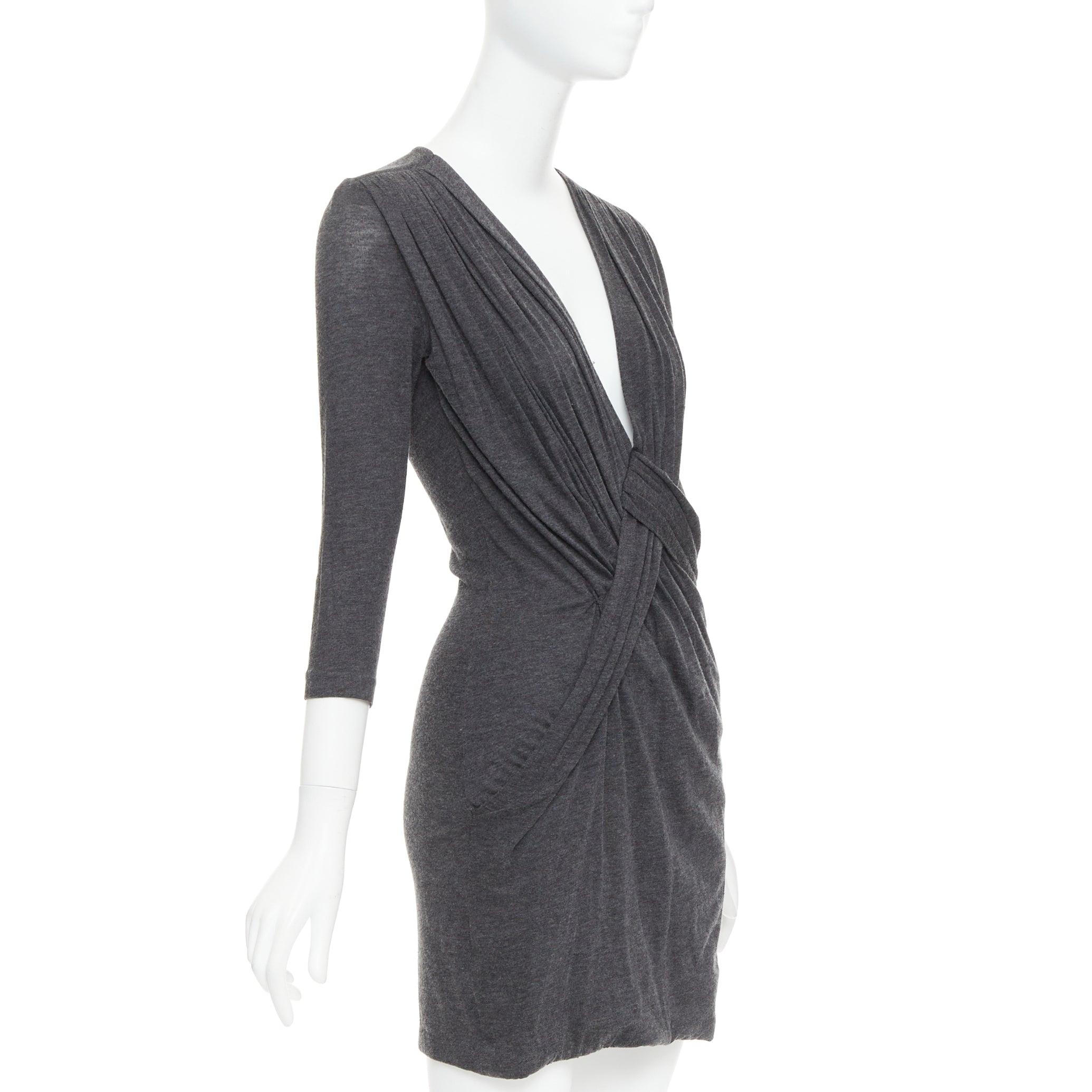 Black GIVENCHY dark grey lyocell cashmere deep V ruched draped mini dress M For Sale