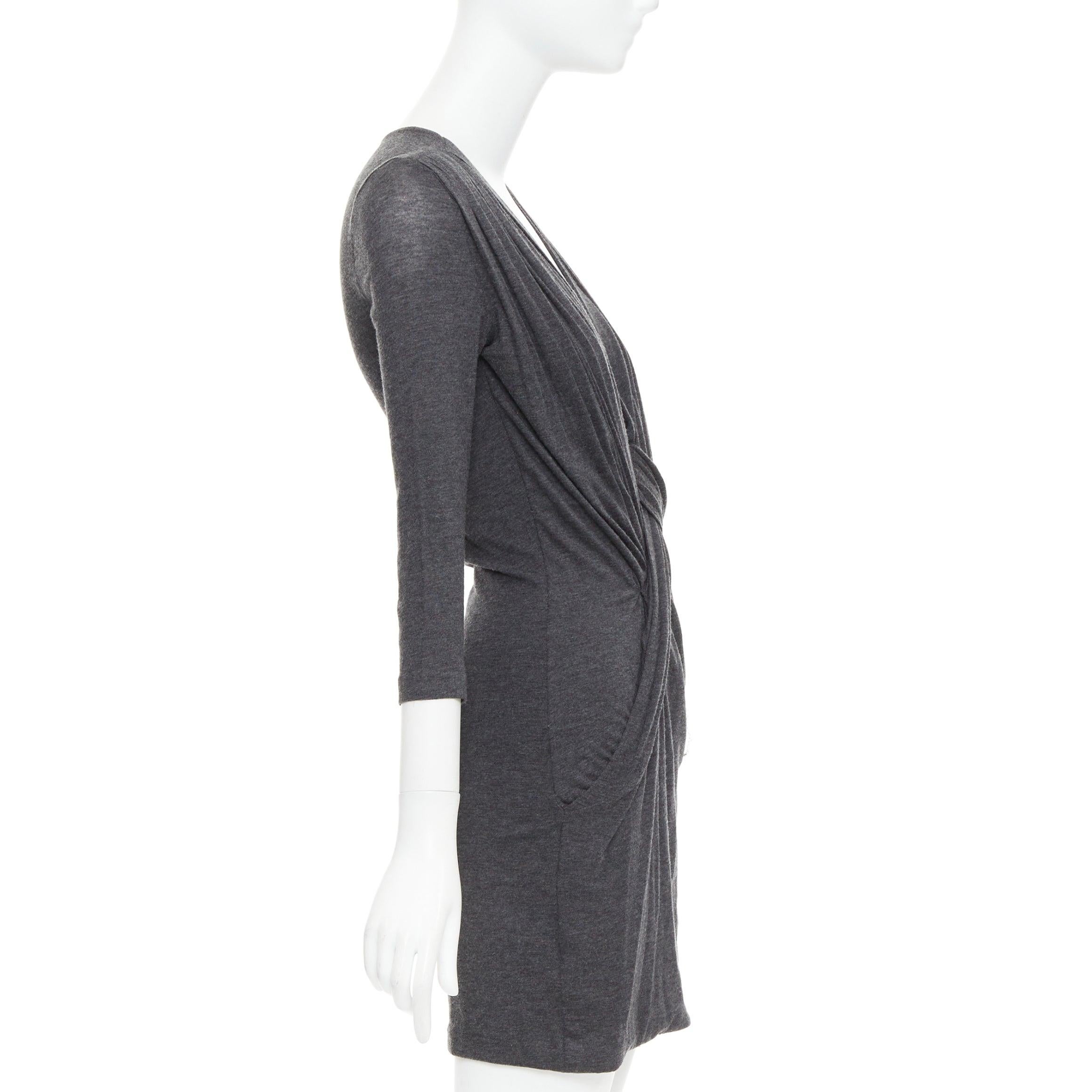 GIVENCHY dark grey lyocell cashmere deep V ruched draped mini dress M In Good Condition For Sale In Hong Kong, NT