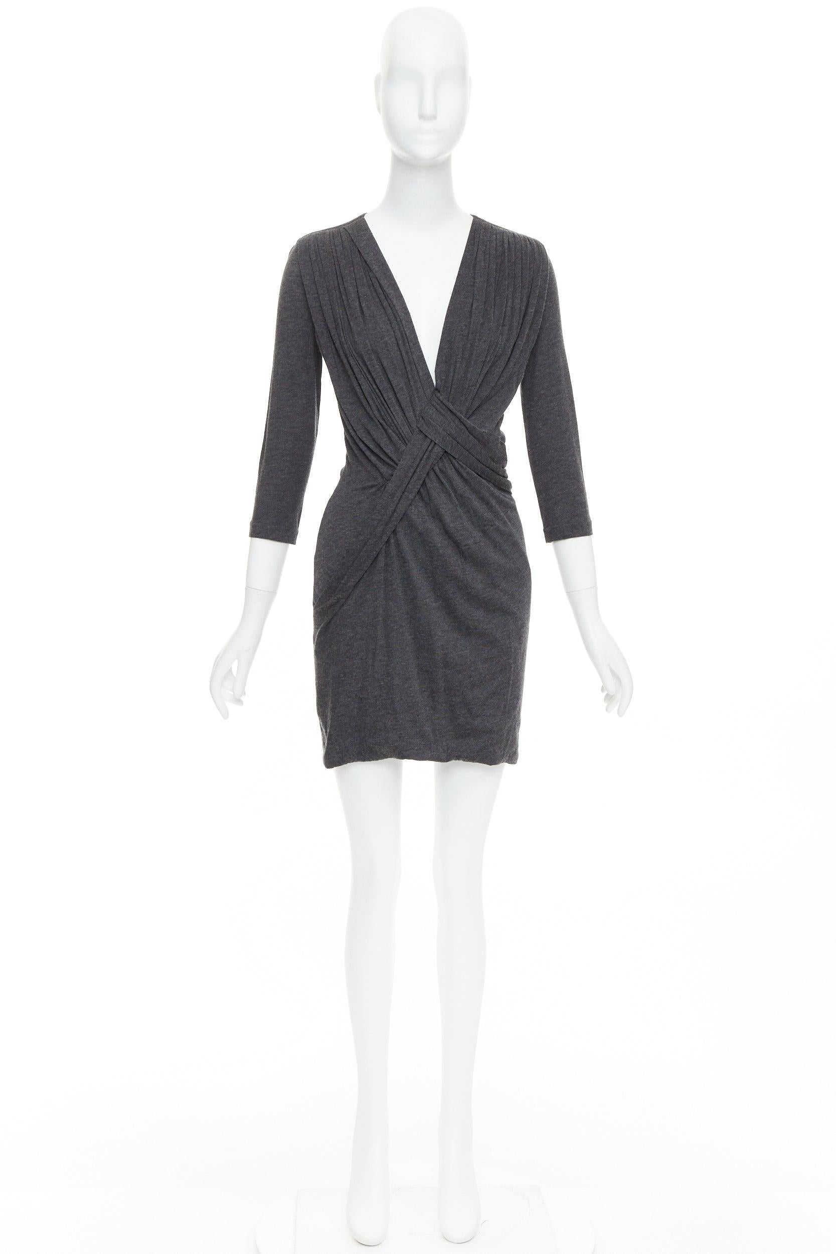 GIVENCHY dark grey lyocell cashmere deep V ruched draped mini dress M For Sale 4