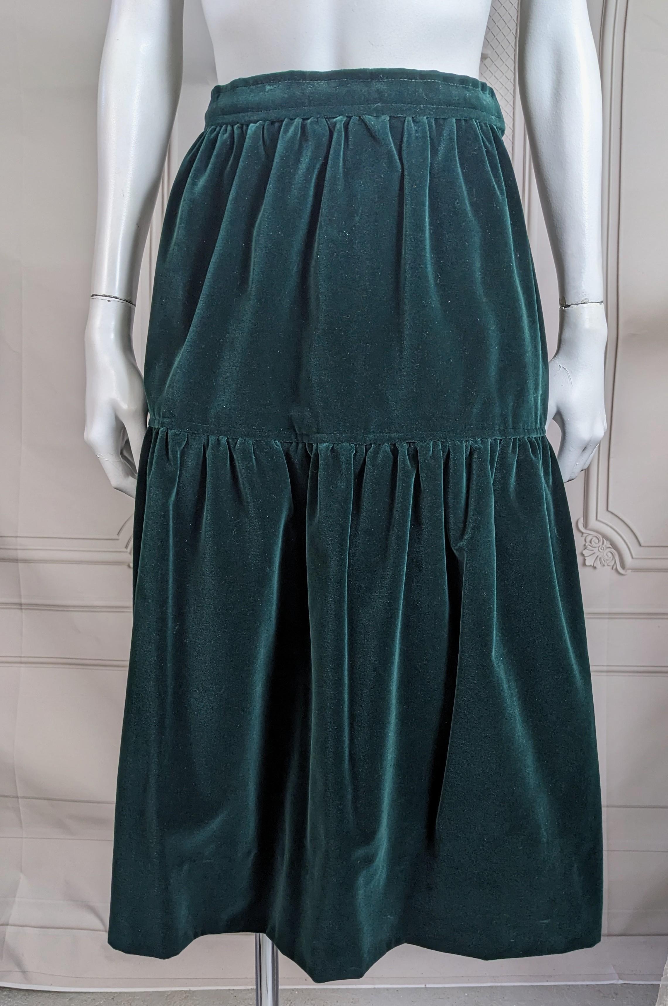 Givenchy Elegant Deep Green Cotton Velvet Skirt from the 1980's. Deep green cotton velvet gathered style with ruffle below hip.
Size 36 Vintage. XS-S size. 1980's France.