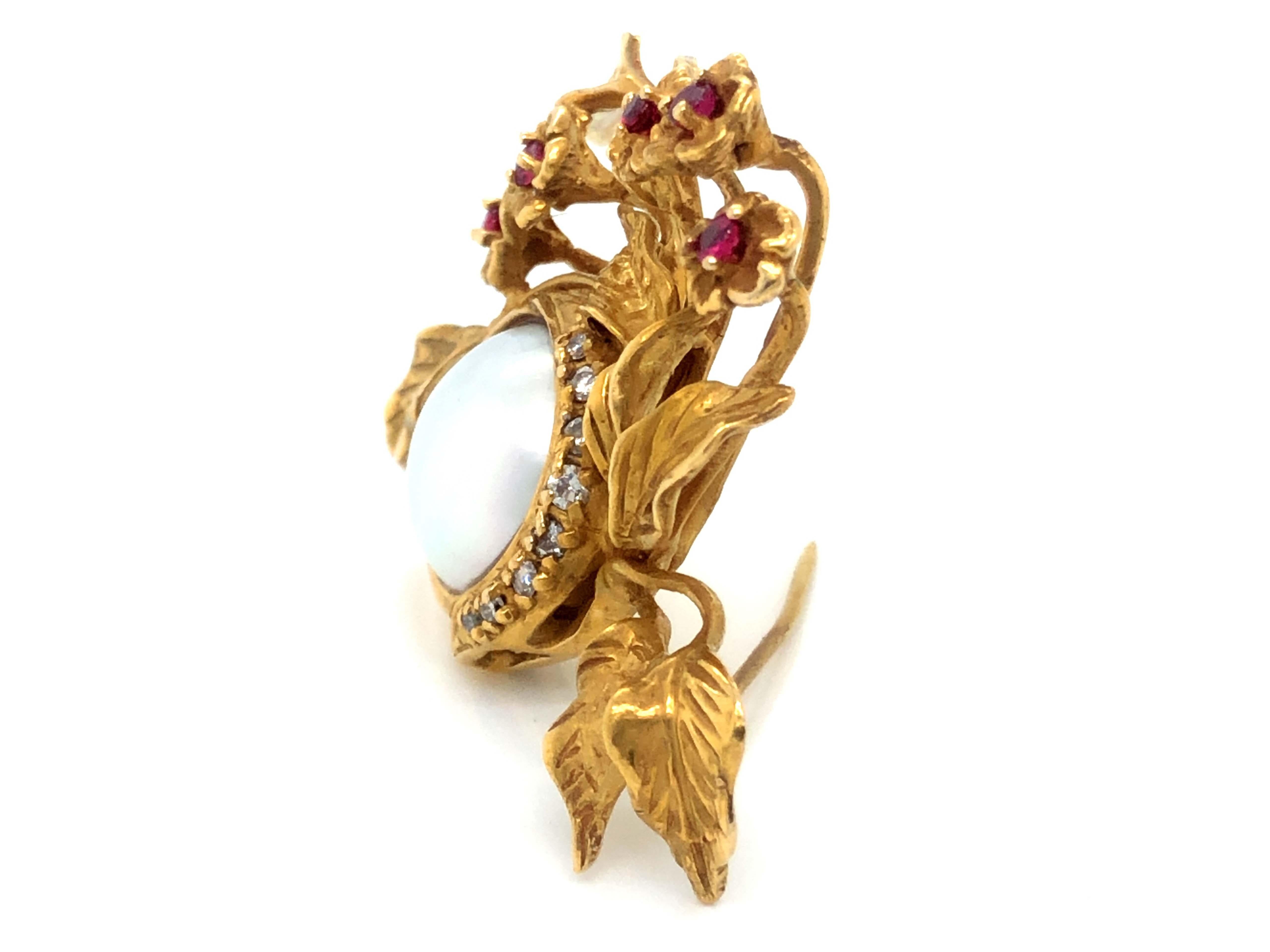 Givenchy Diamond, Ruby and Mabe Pearl Brooch in 14k Yellow Gold In Excellent Condition For Sale In Honolulu, HI
