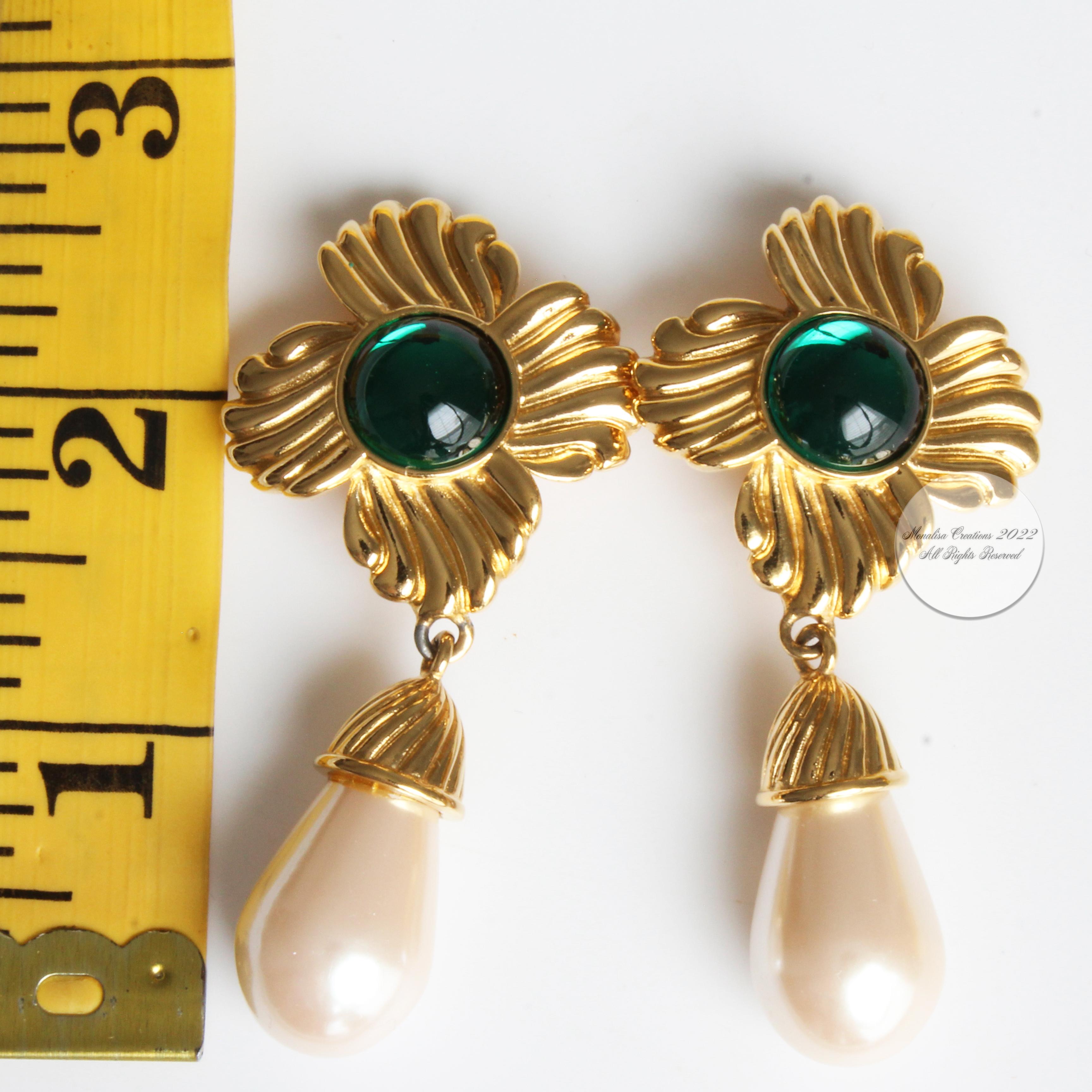 Baroque Revival Givenchy Earrings Statement Green Cabochon Glass Pearl Dangle Rare Vintage 80s
