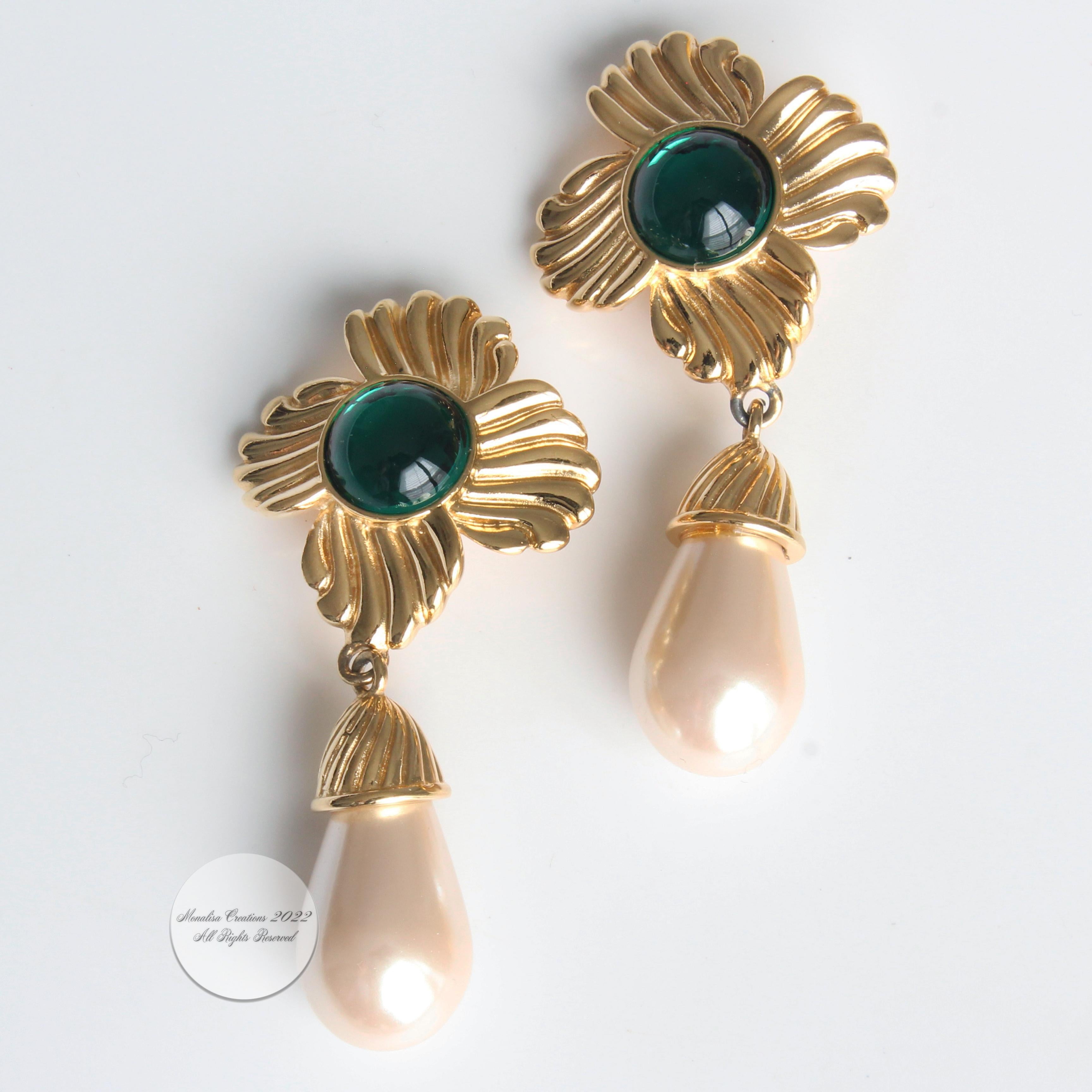Women's or Men's Givenchy Earrings Statement Green Cabochon Glass Pearl Dangle Rare Vintage 80s
