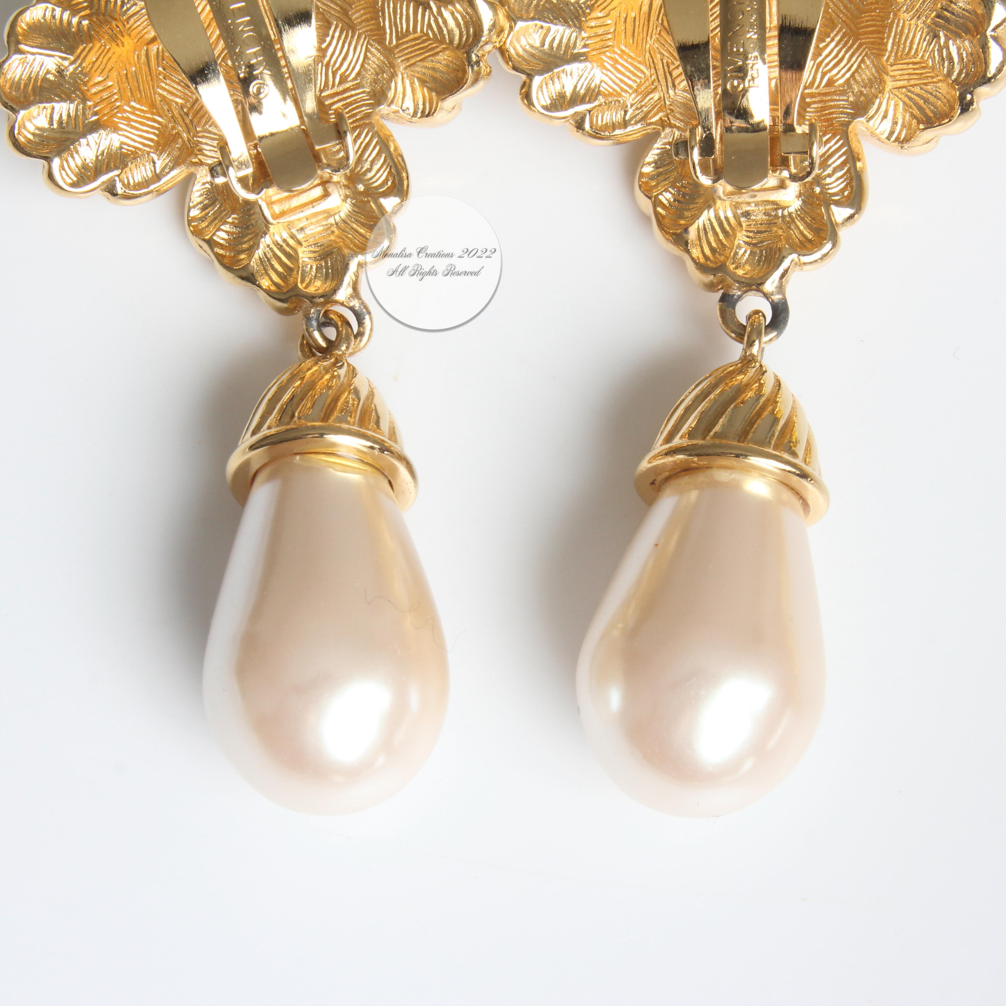 Givenchy Earrings Statement Green Cabochon Glass Pearl Dangle Rare Vintage 80s 1