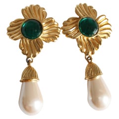 Givenchy Earrings Statement Green Cabochon Glass Pearl Dangle Rare Vintage 80s