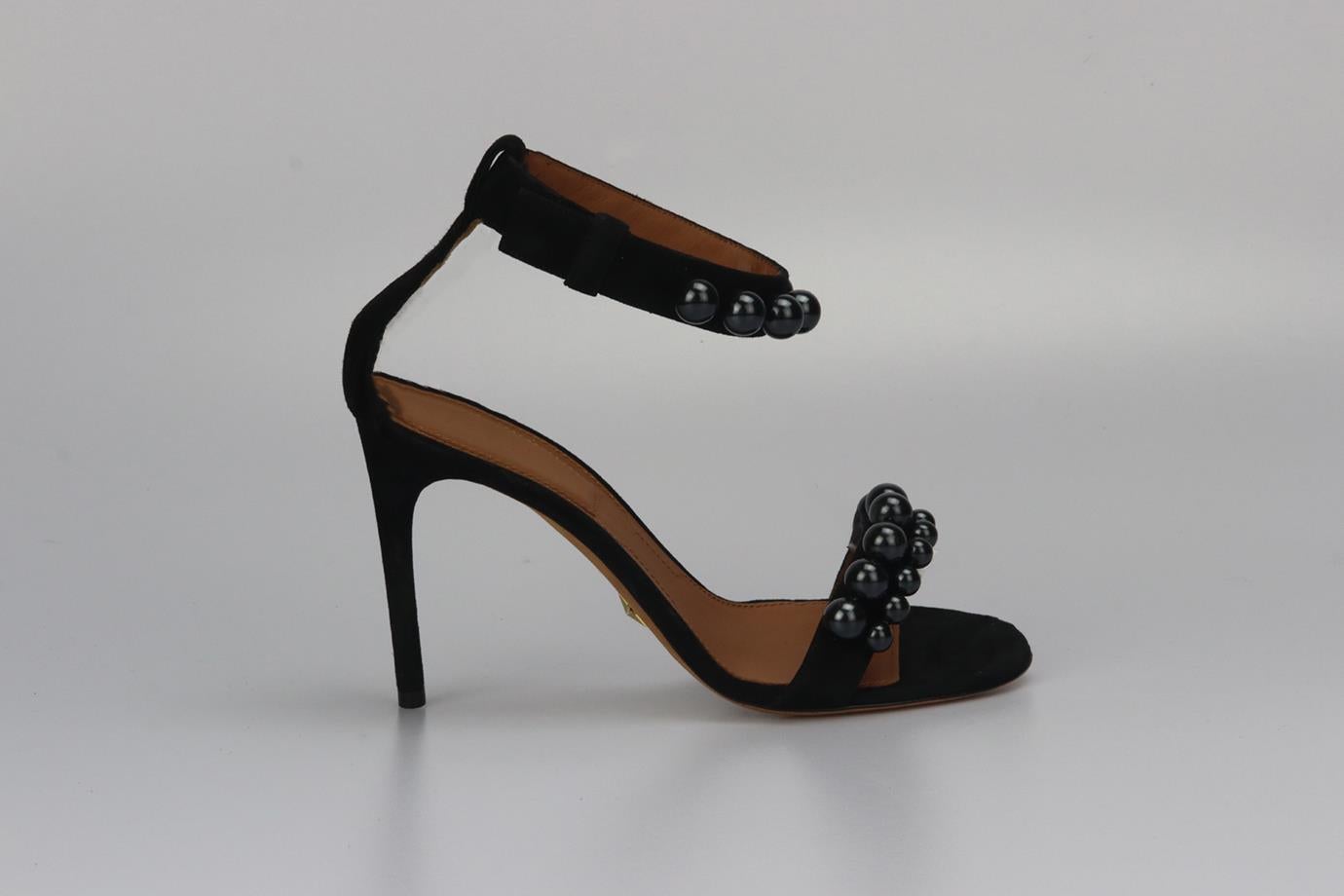Givenchy Embellished Suede Sandals. Black. Buckle fastening - Side. Does not come with - dustbag or box. EU 38.5 (UK 5.5, US 8.5). Insole: 9.5 In. Heel Height: 3 In. Condition: New without box.

