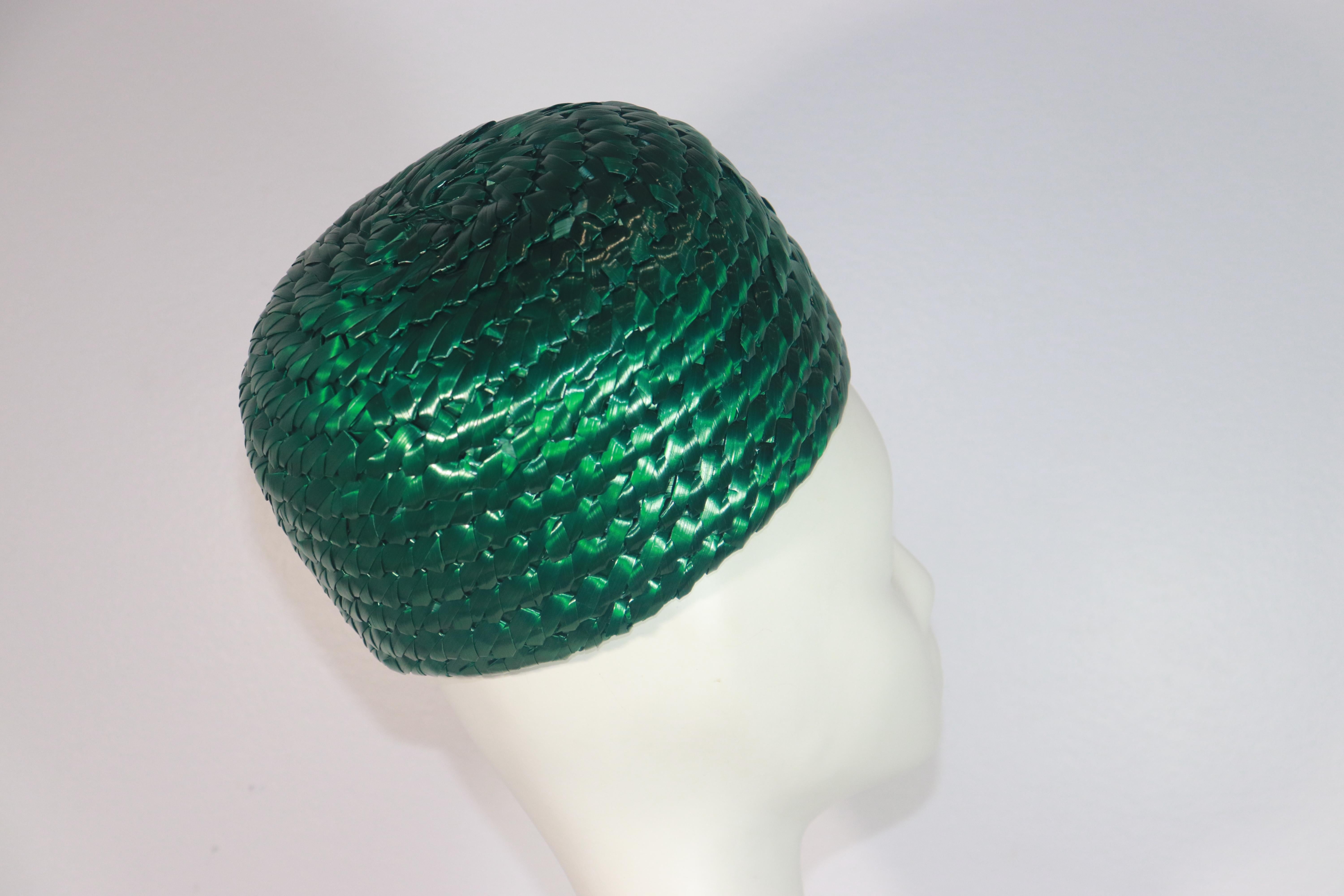 GIVENCHY Emerald Green Fine Raffia Straw Pillbox Hat For Sale 6