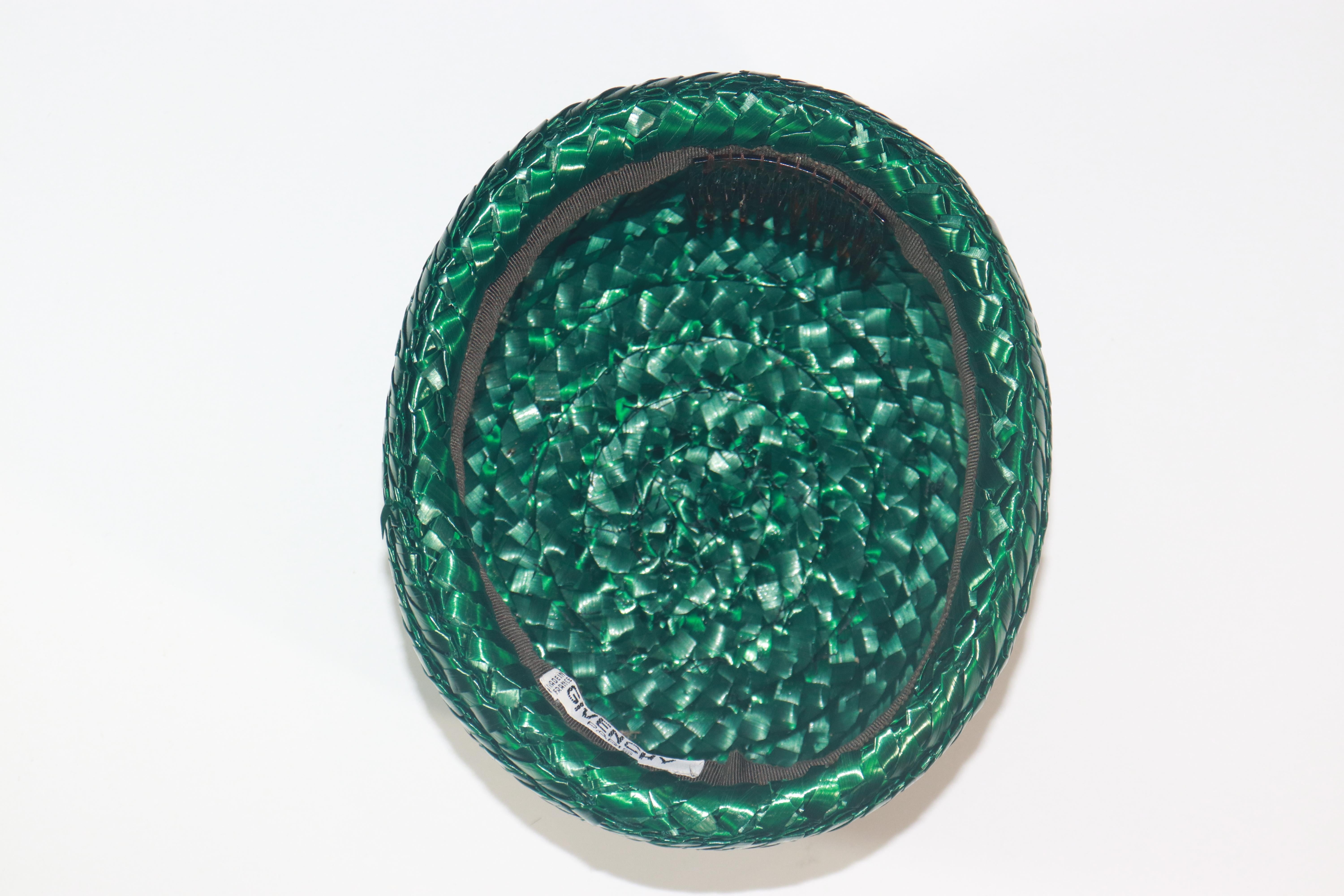 GIVENCHY Emerald Green Fine Raffia Straw Pillbox Hat For Sale 7