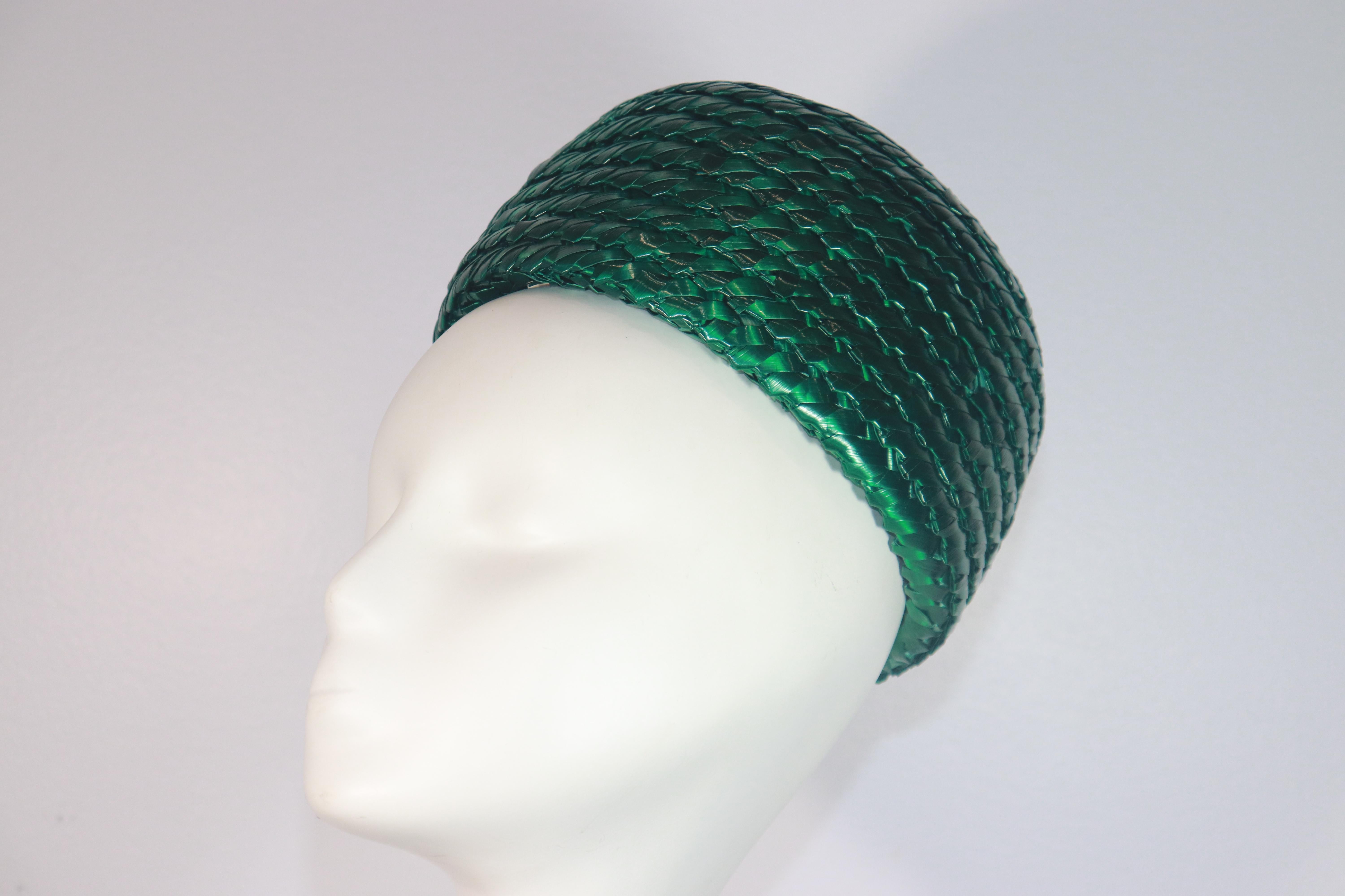 GIVENCHY Emerald Green Fine Raffia Straw Pillbox Hat For Sale 1