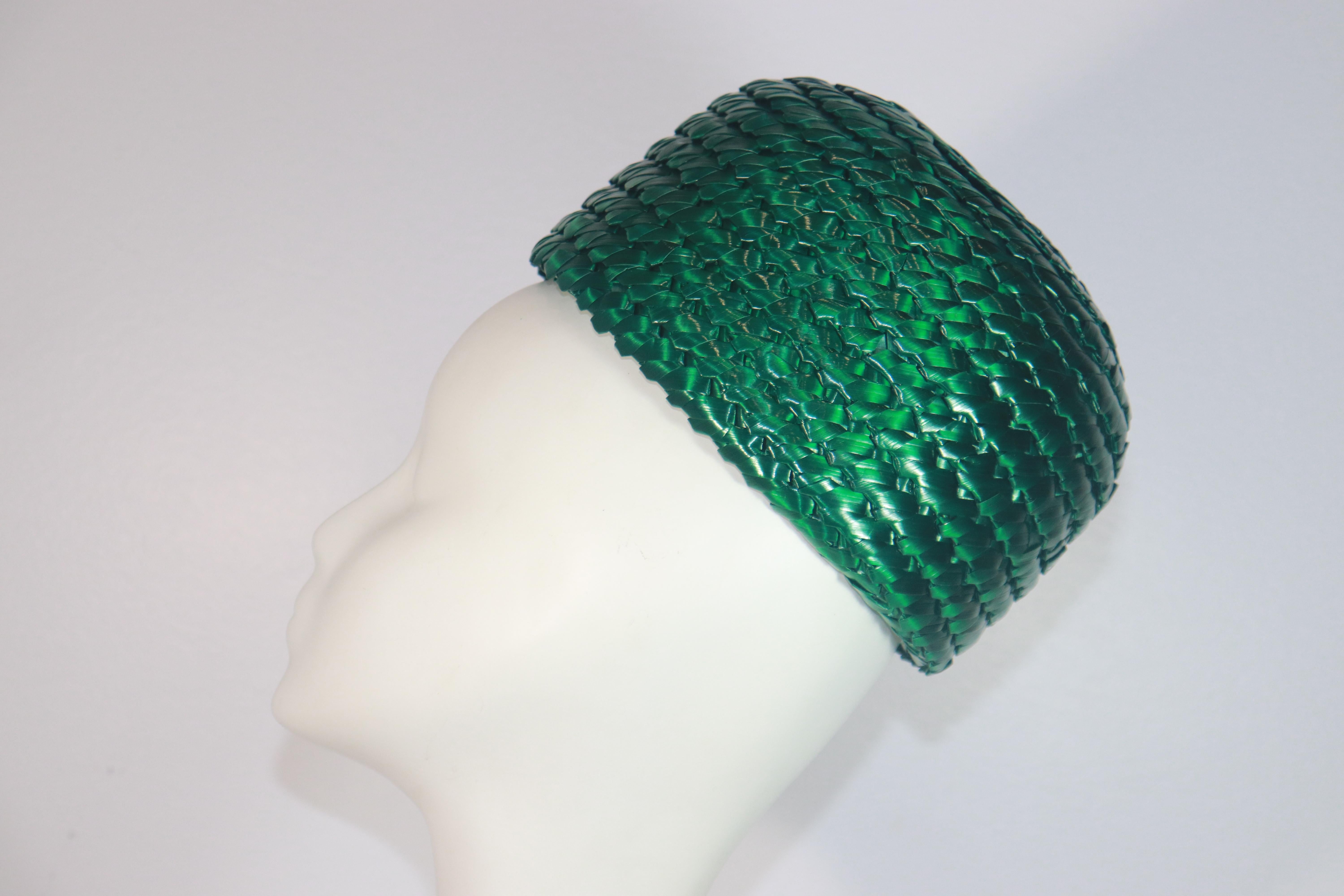 GIVENCHY Emerald Green Fine Raffia Straw Pillbox Hat For Sale 2
