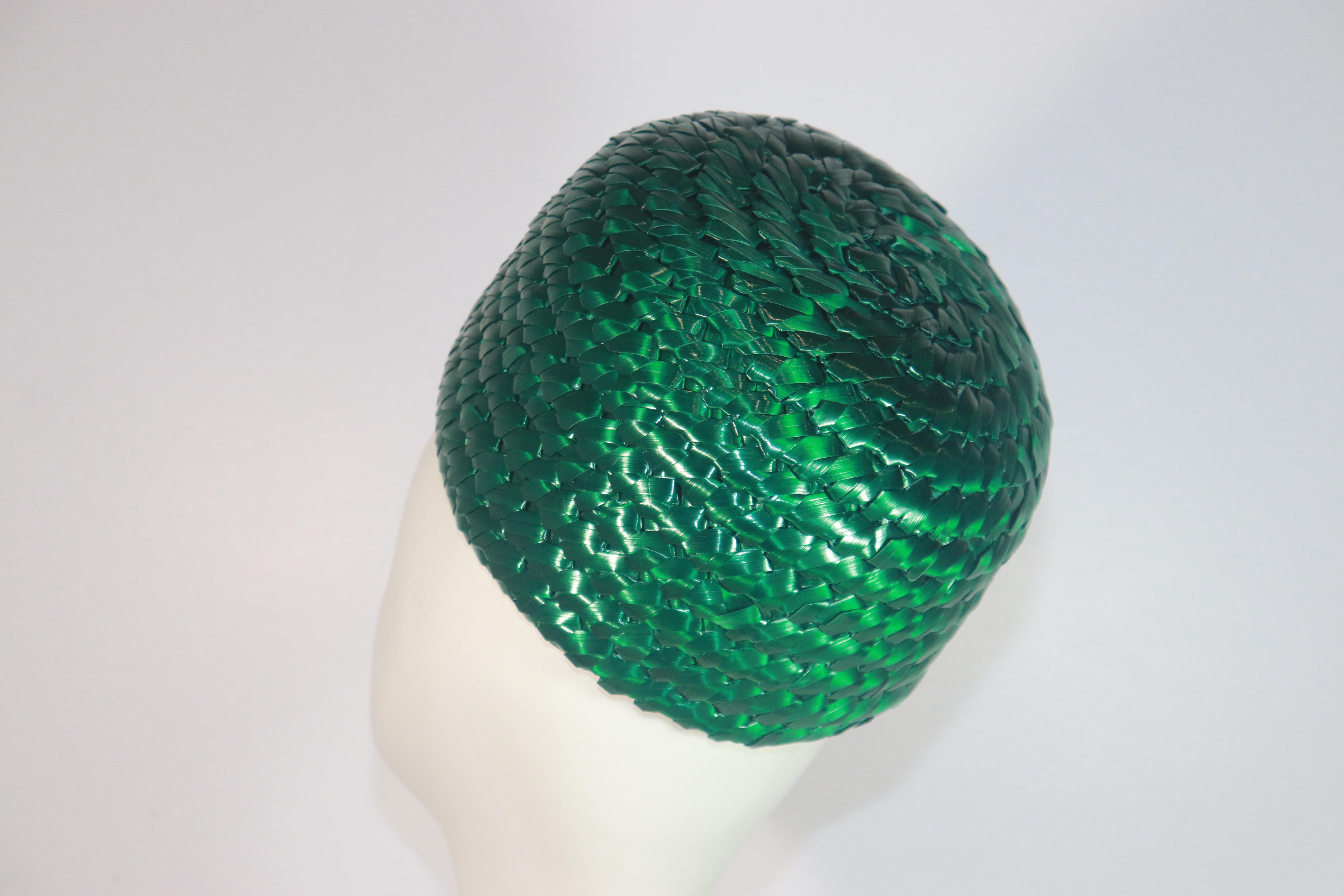 GIVENCHY Emerald Green Fine Raffia Straw Pillbox Hat For Sale 3