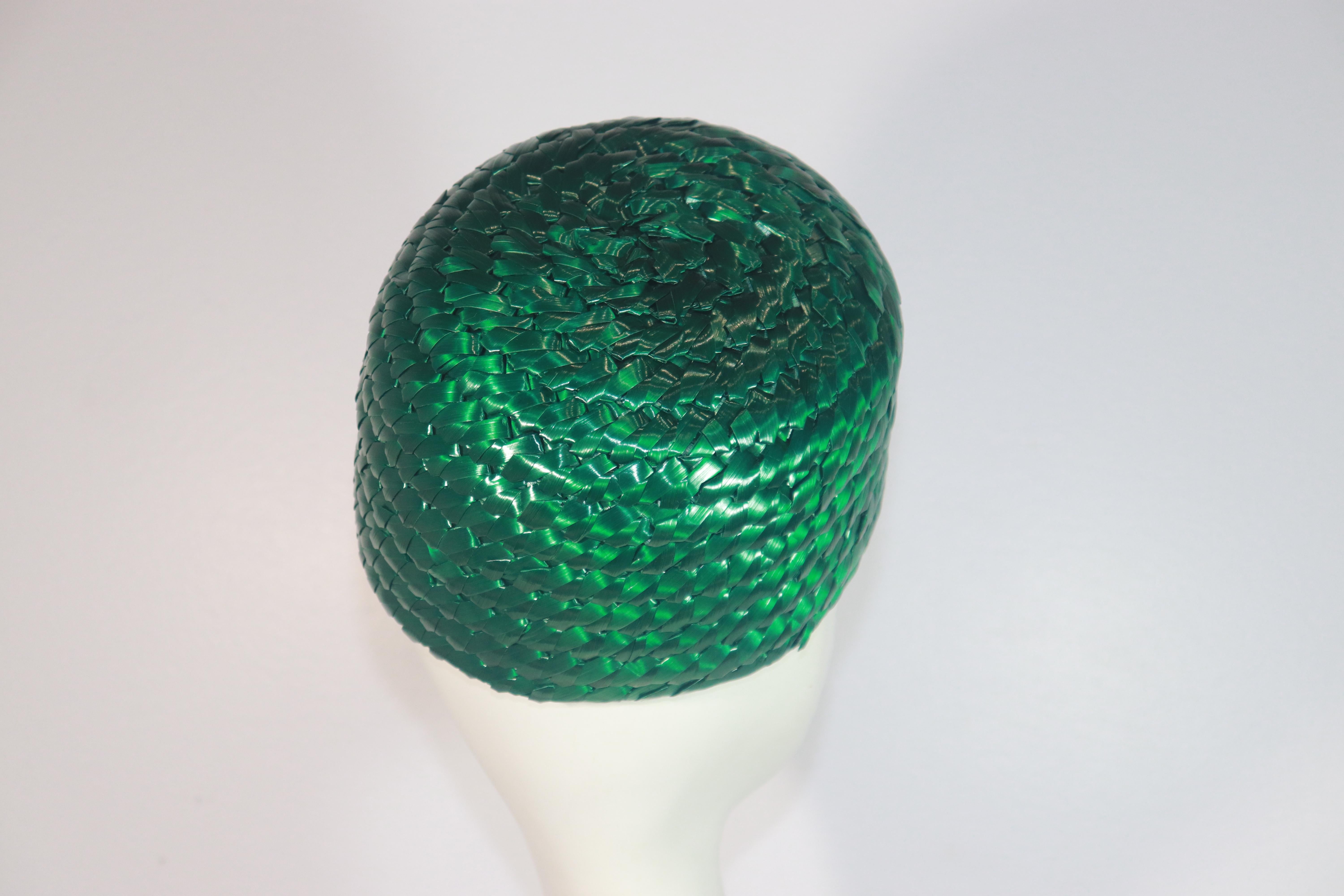 GIVENCHY Emerald Green Fine Raffia Straw Pillbox Hat For Sale 4