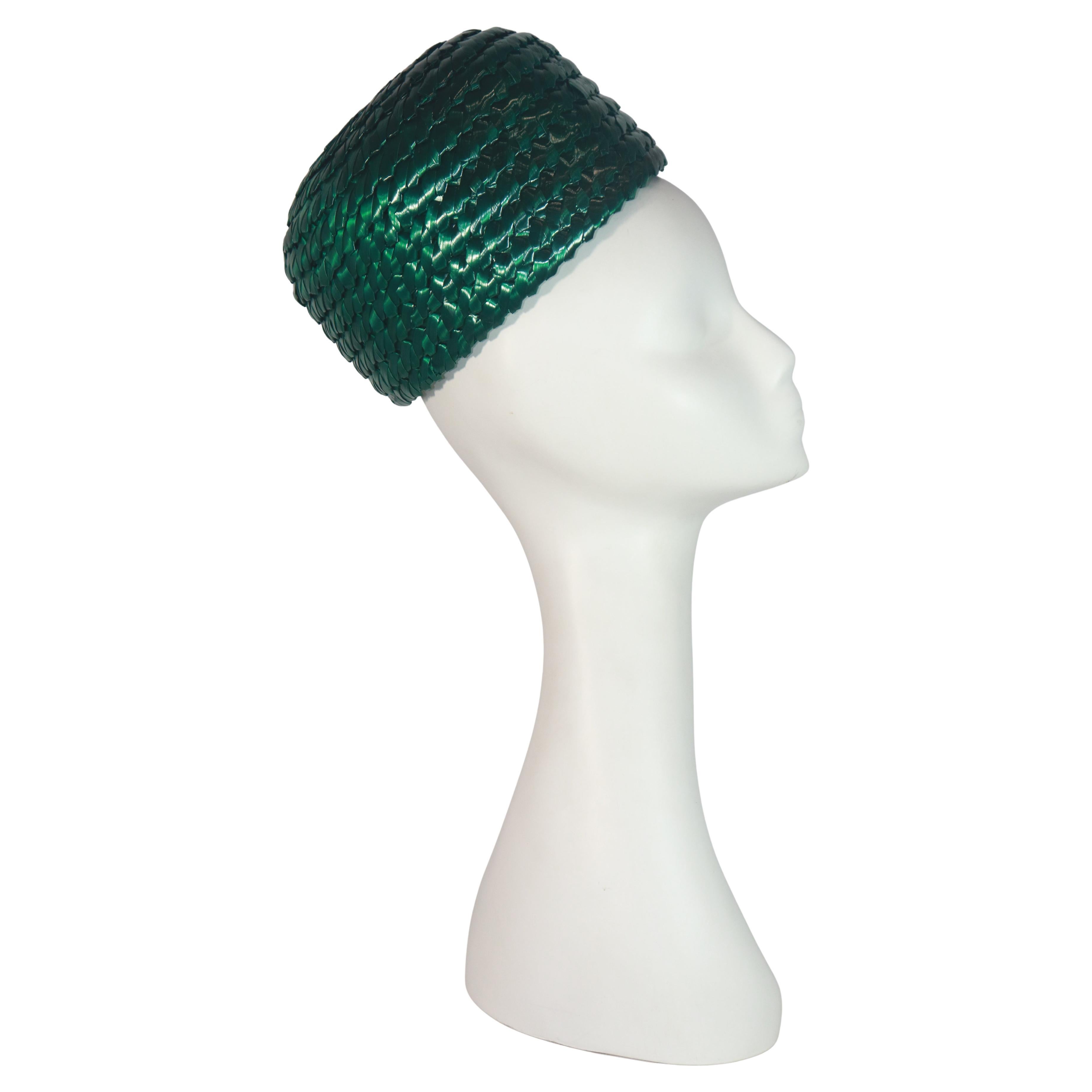 GIVENCHY Emerald Green Fine Raffia Straw Pillbox Hat For Sale