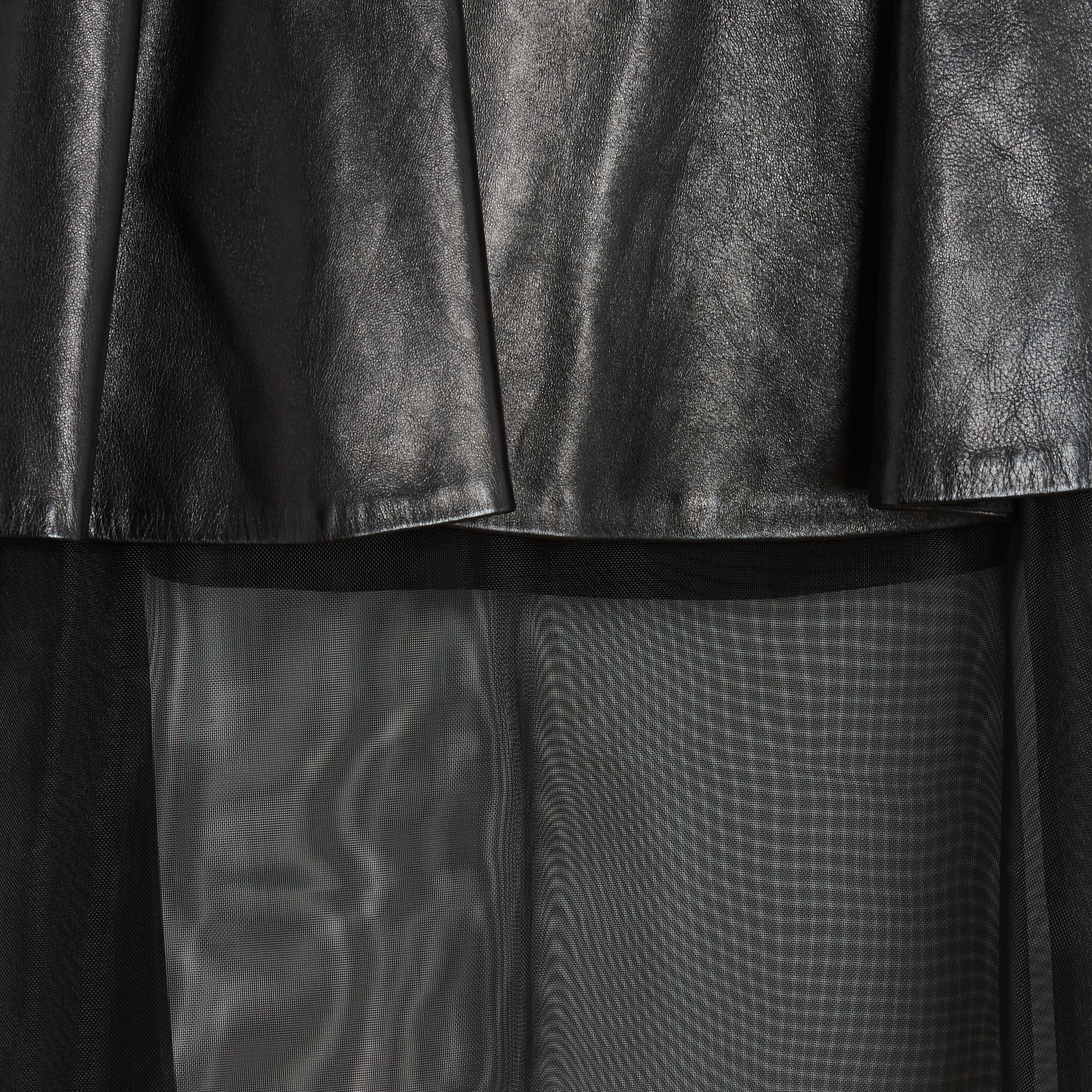 Women's Givenchy Fall 2011 Jupe Cuir Voile FR40 Black Leather Tulle Skirt UK12 US10 For Sale