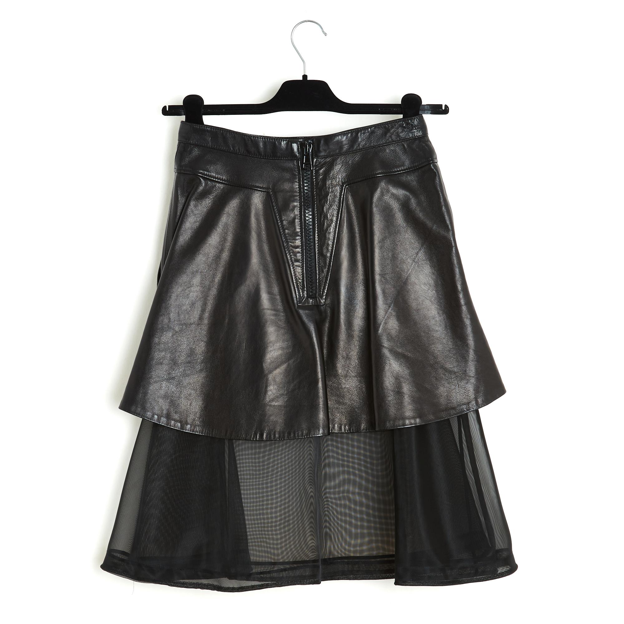 Givenchy Fall 2011 Jupe Cuir Voile FR40 Black Leather Tulle Skirt UK12 US10 For Sale 2