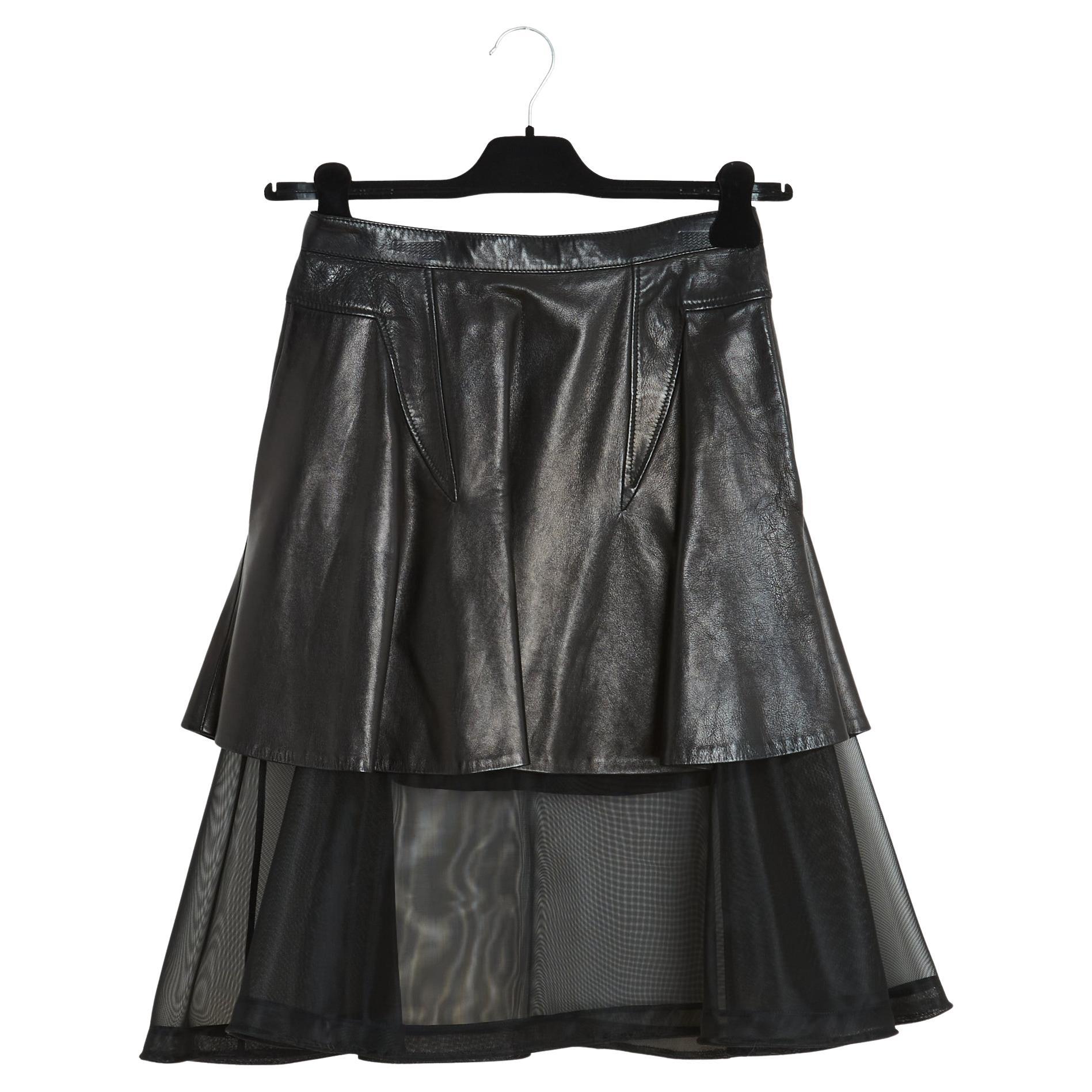 Givenchy Fall 2011 Jupe Cuir Voile FR40 Black Leather Tulle Skirt UK12 US10 For Sale