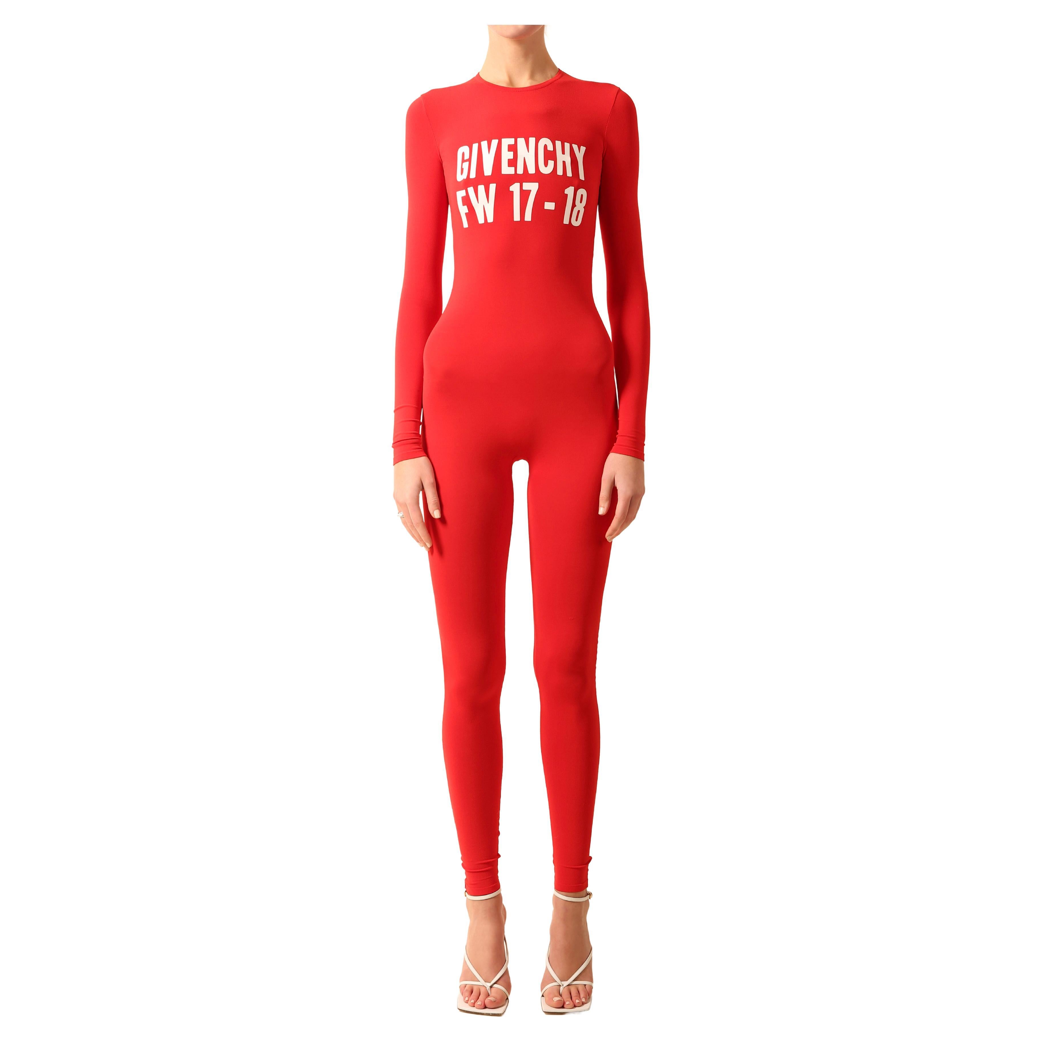 Givenchy Fall 2017 red white logo print stretch bodysuit catsuit jumpsuit XS