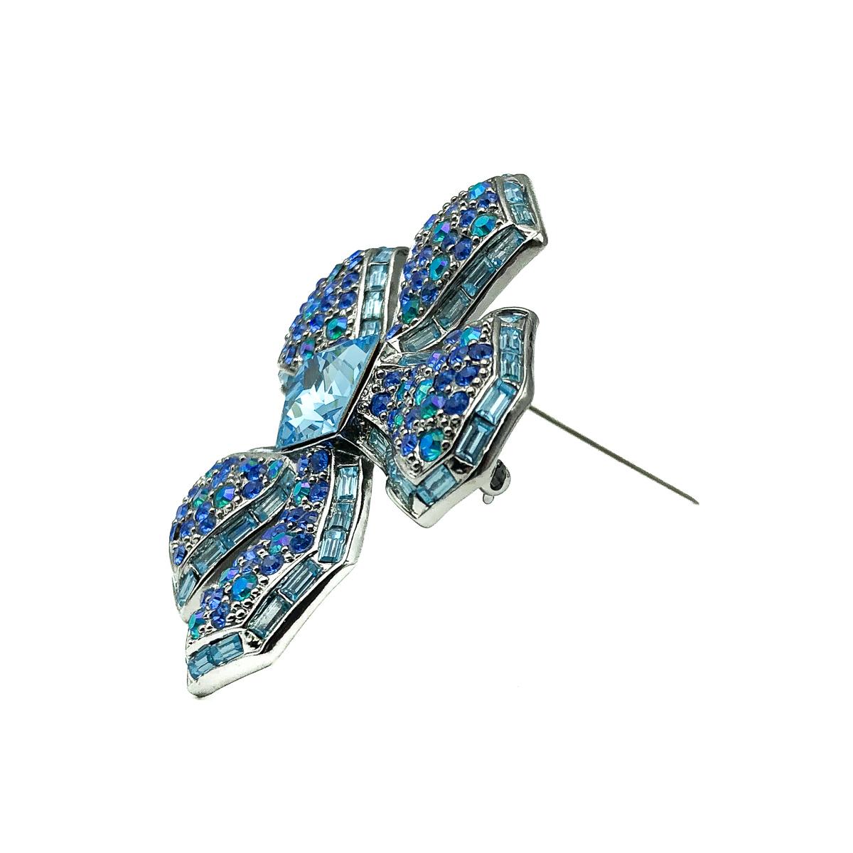 Art Deco Givenchy Fancy Cut Hues of Blue Crystal Flower Brooch 2000s For Sale