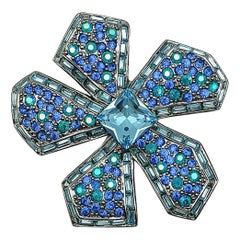 Vintage Givenchy Fancy Cut Hues of Blue Crystal Flower Brooch 2000s