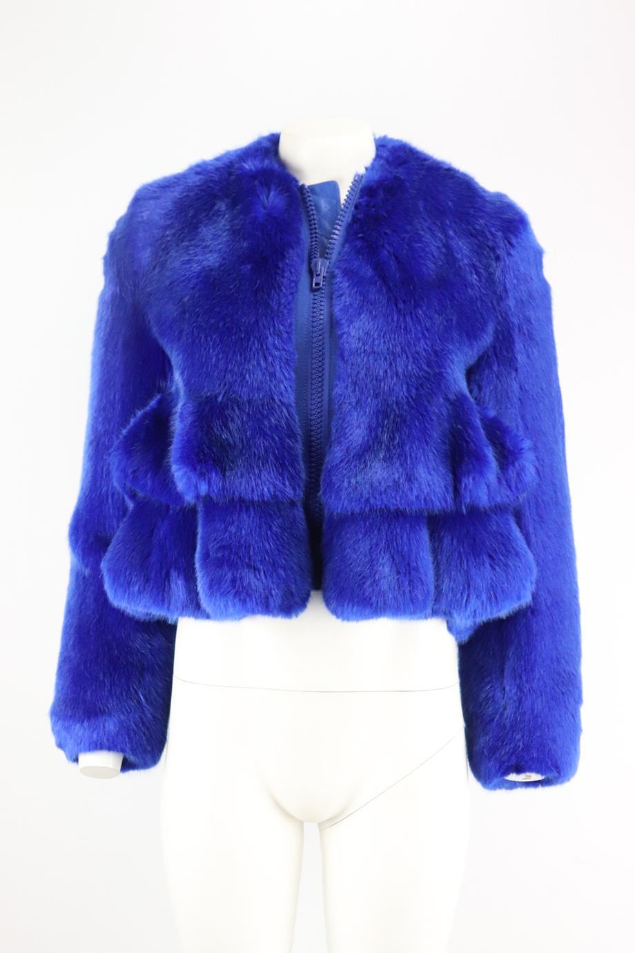 Givenchy faux fur peplum jacket. Blue. Long sleeve, crewneck. Zip fastening at front. 70% Acrylic, 18% modacrylic, 12% polyester; lining: 100% polyester; zip finishings: 100% leather; grosgrain: 60% cotton, 40% acetate; filling material: 60%