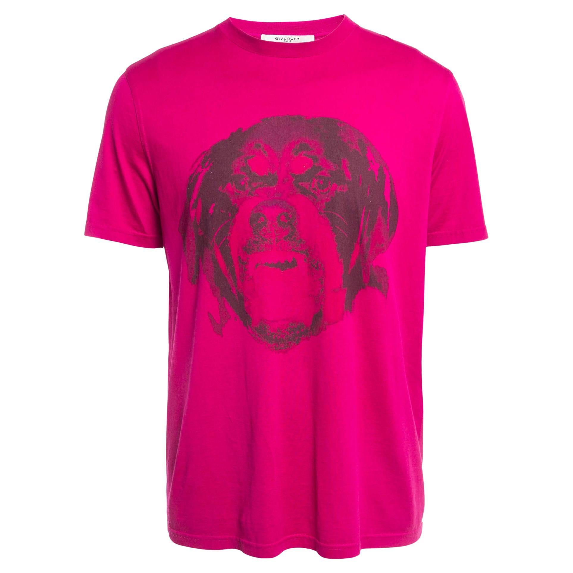 Givenchy Fuchsia Pink Printed Cotton Crew Neck T-Shirt S For Sale
