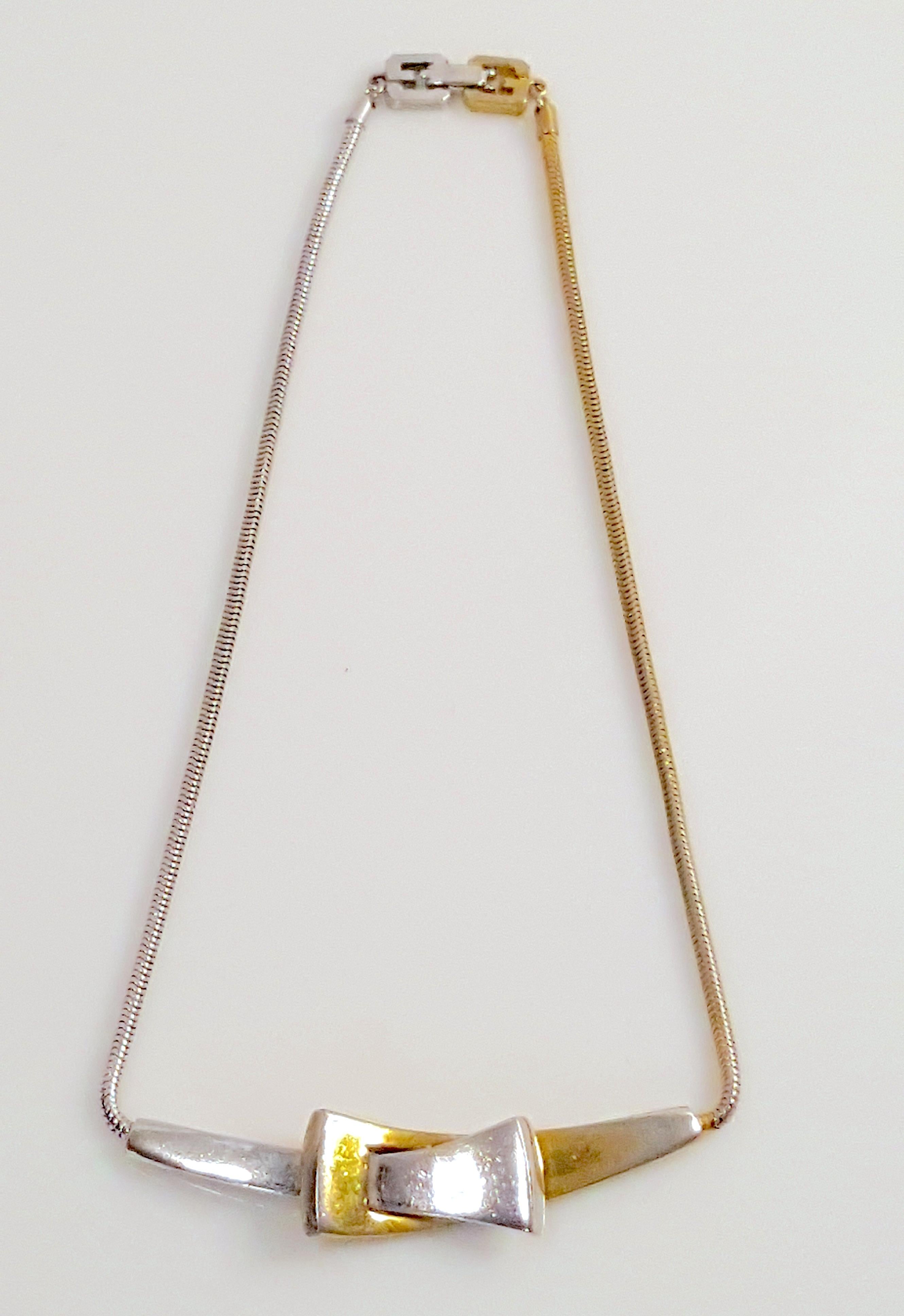 Women's or Men's Givenchy 1976 Dated GG Logo Gilt Bar Pendant SnakeChain TwoTone Choker Necklace For Sale