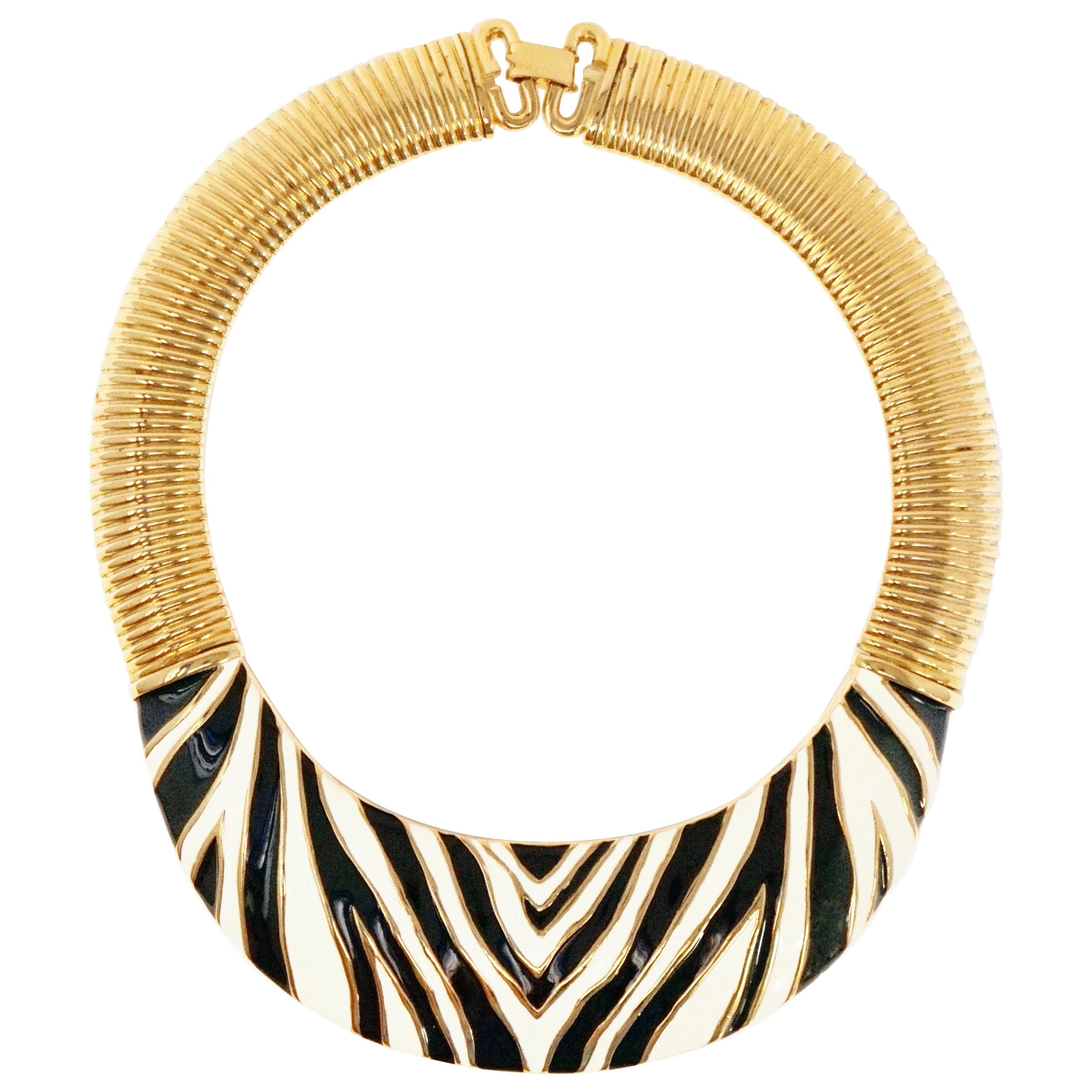 Givenchy Gilt & Enameled Zebra Print Statement Collar Necklace, Signed, 1980s