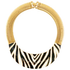 Retro Givenchy Gilt & Enameled Zebra Print Statement Collar Necklace, Signed, 1980s