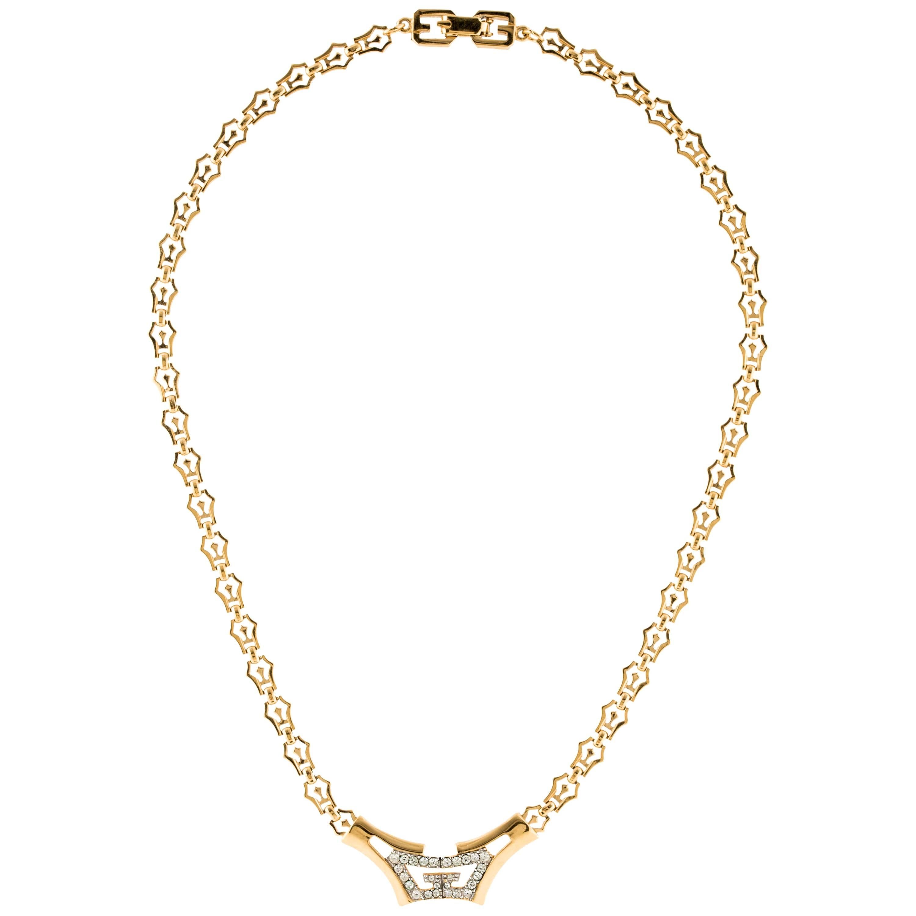 Givenchy Gold Chain GG Charm Pendant Crystal Choker Chain Evening Necklace For Sale