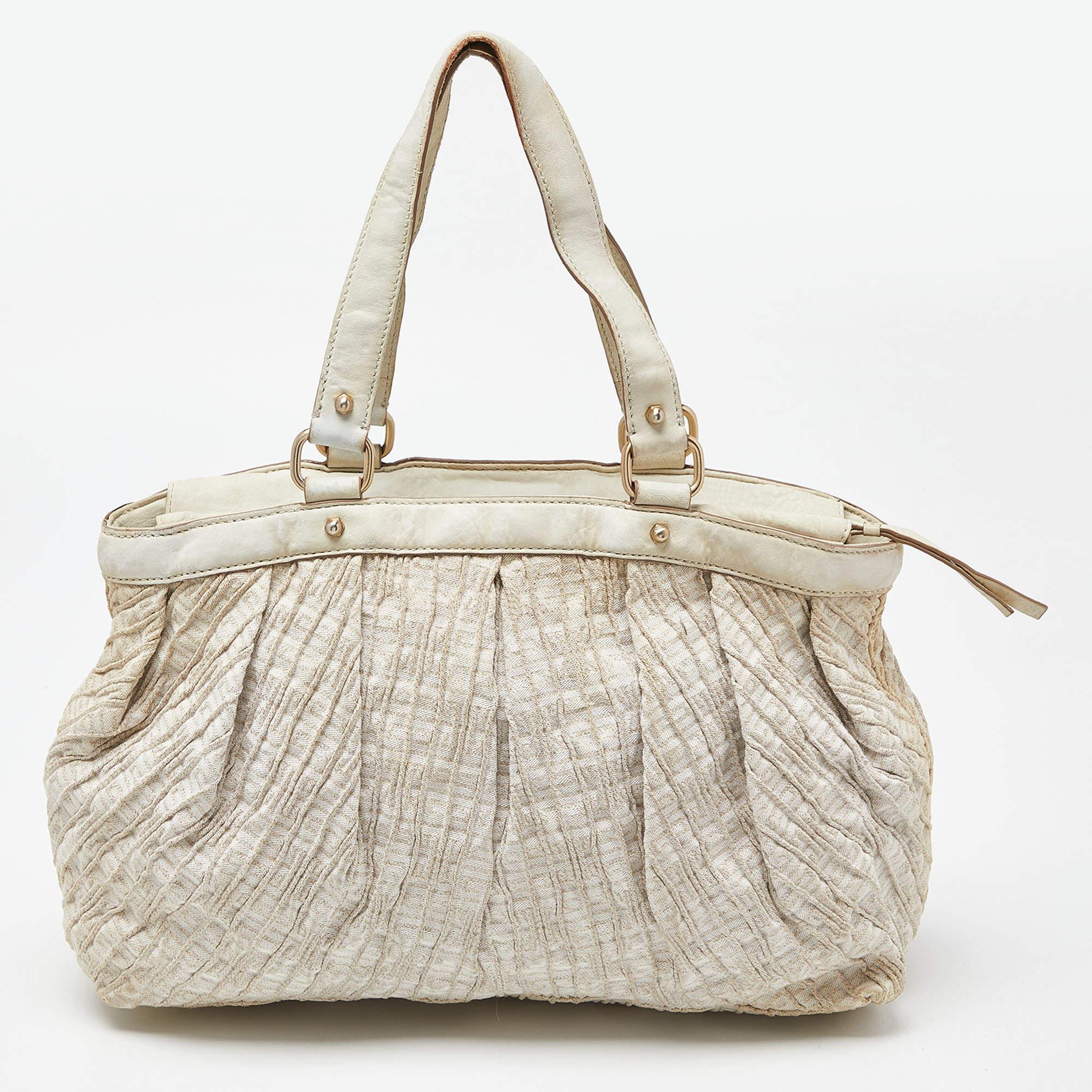 Givenchy Gold/Cream Textured Canvas and Leather Logo Hobo In Good Condition In Dubai, Al Qouz 2