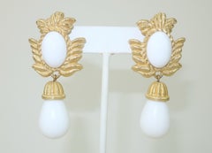 GIVENCHY Gold Plate White Drop Dangle Earrings, 1980's