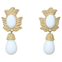 GIVENCHY Gold Plate White Drop Dangle Earrings, 1980's