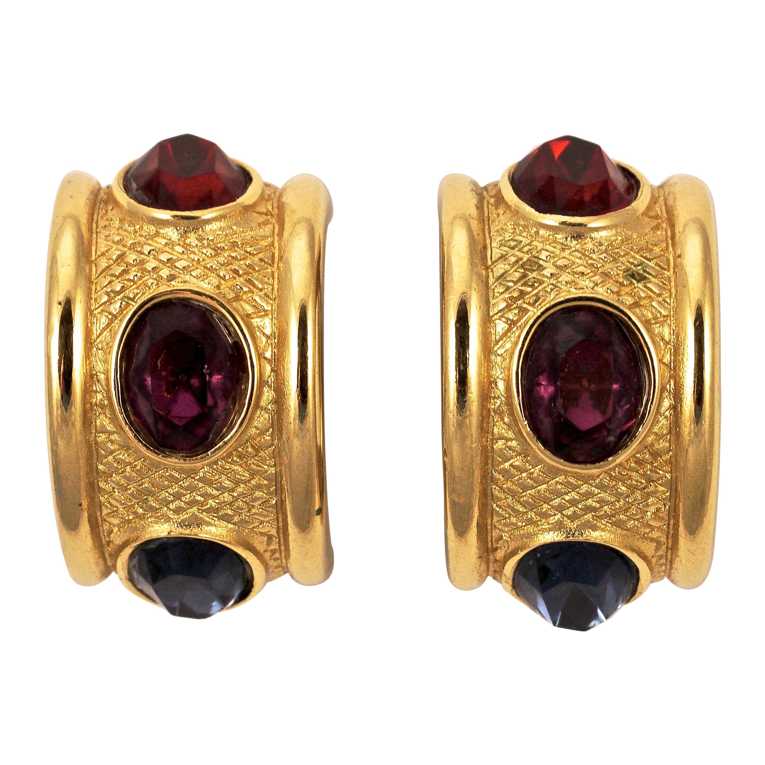 Givenchy Gold Plated Blue Purple Red Rhinestone Half Hoop Clip on Earrings 