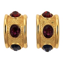 Givenchy Gold Plated Blue Purple Red Rhinestone Half Hoop Clip on Earrings