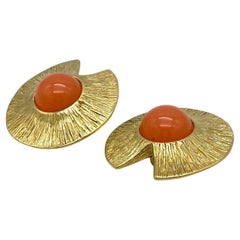 1980s Givenchy Gold Textured Clip-On Earrings with Orange Cabochons
