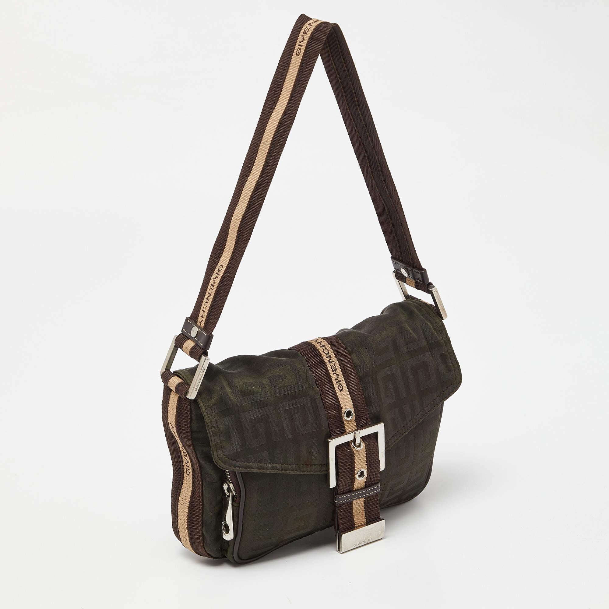 Black Givenchy Green/Brown Monogram Fabric Buckle Flap Baguette Bag